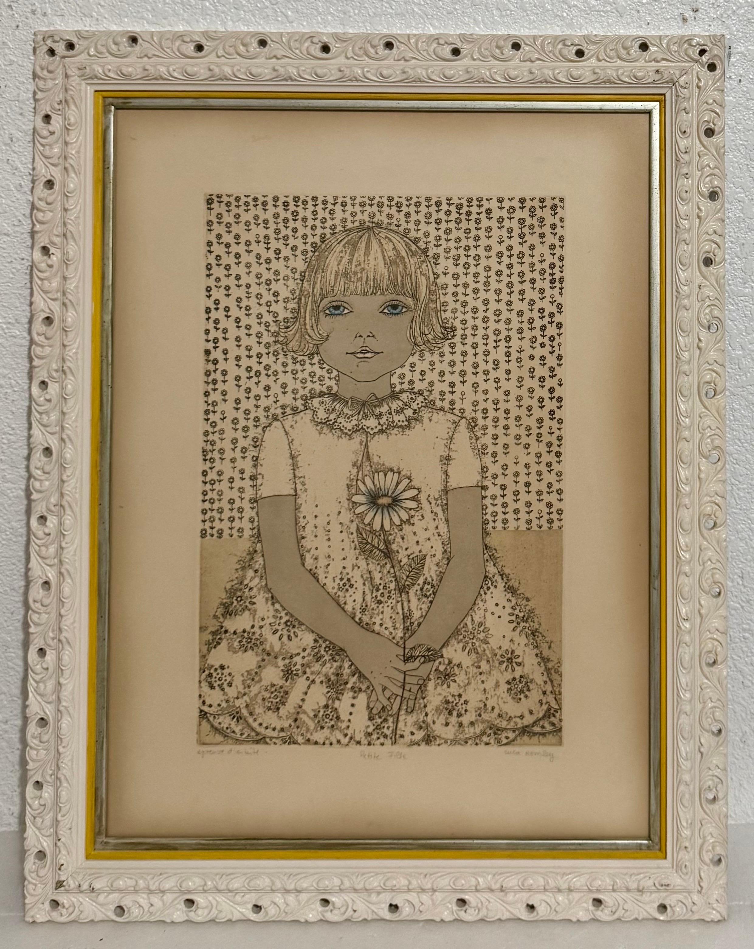Handkolorierte Radierung Cuca Romley Naive Volkskunst Junges Mädchen Zeitraum Rahmen im Angebot 2