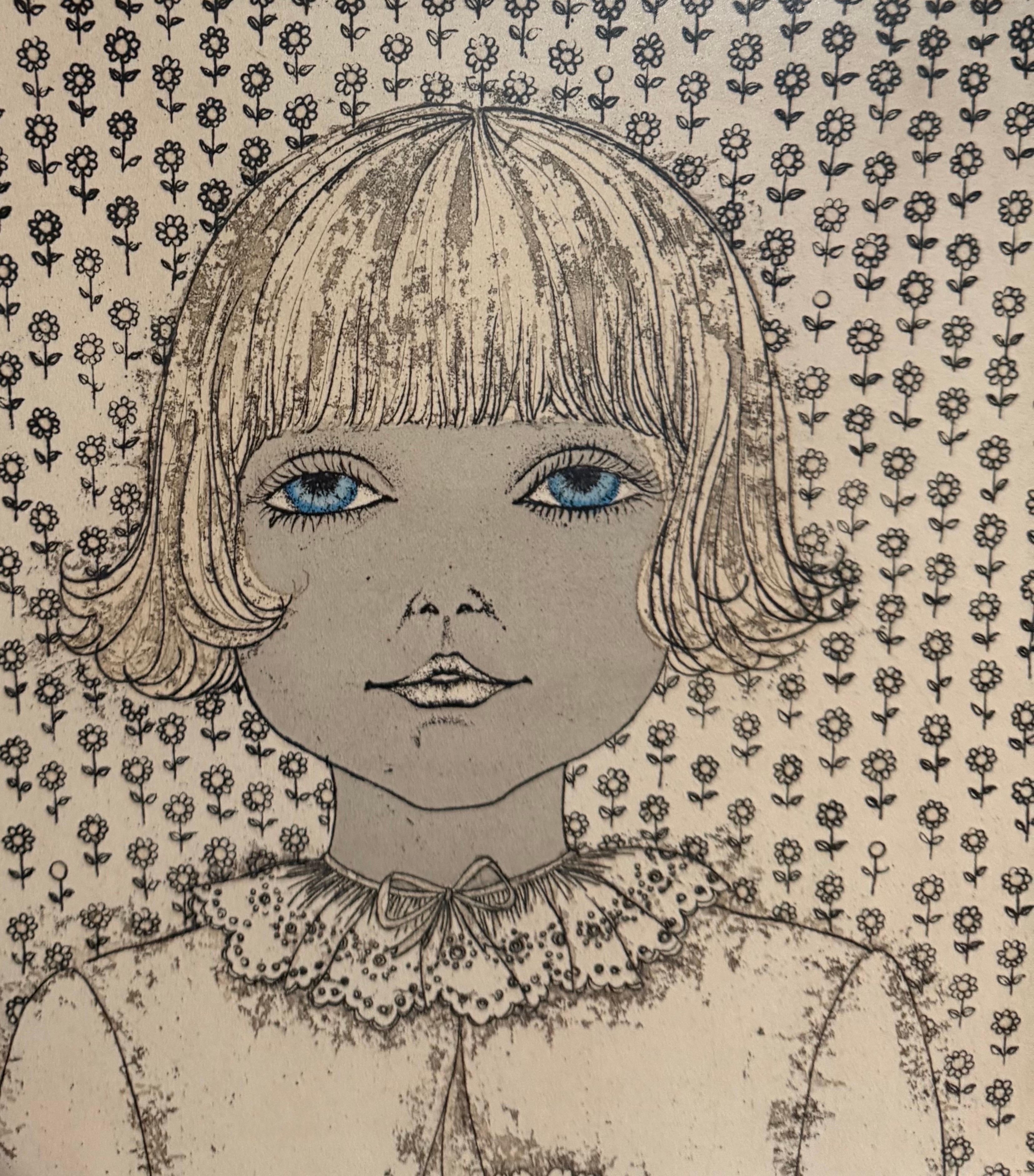 Handkolorierte Radierung Cuca Romley Naive Volkskunst Junges Mädchen Zeitraum Rahmen im Angebot 3