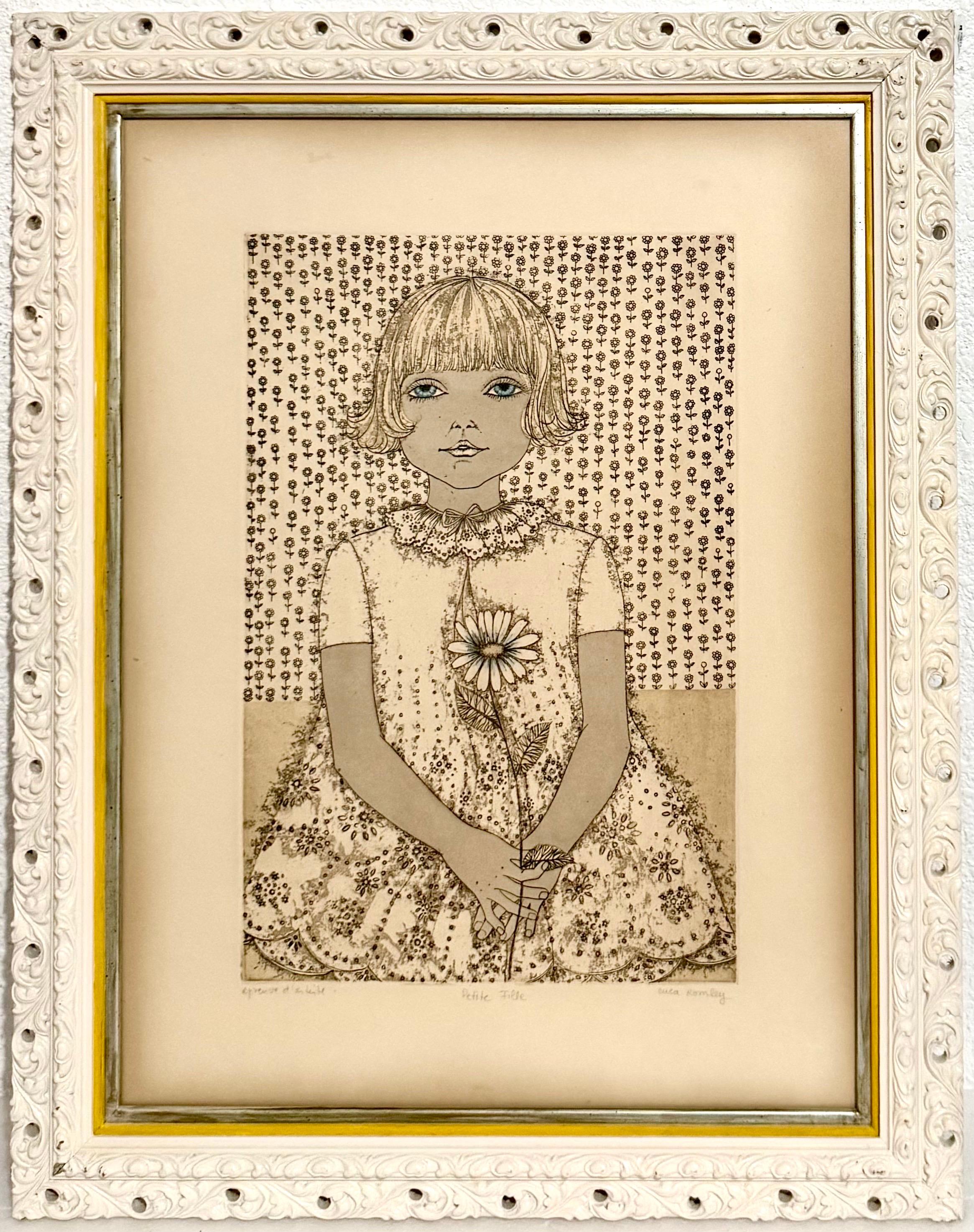 Handkolorierte Radierung Cuca Romley Naive Volkskunst Junges Mädchen Zeitraum Rahmen im Angebot 4