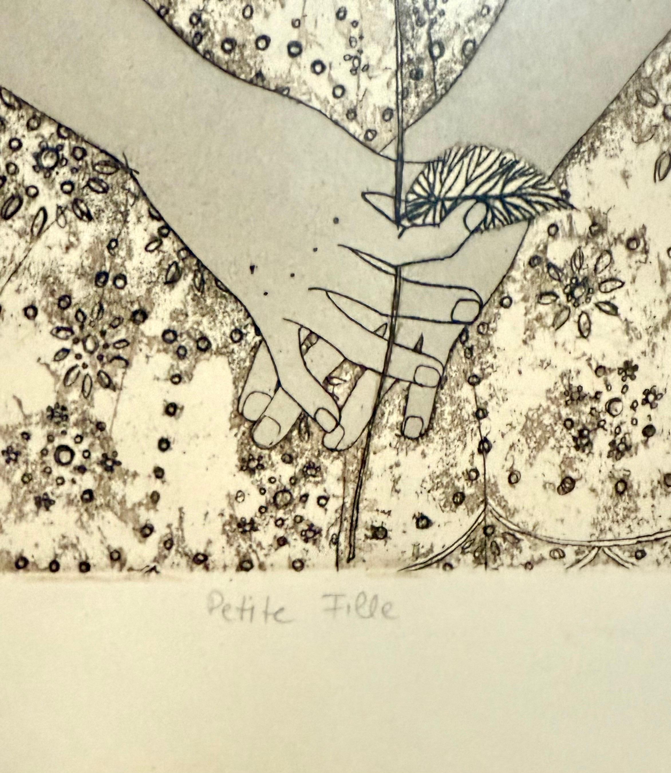 Handkolorierte Radierung Cuca Romley Naive Volkskunst Junges Mädchen Zeitraum Rahmen im Angebot 5