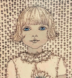 Hand Colored Etching Cuca Romley Naive Folk Art Young Girl Period Frame