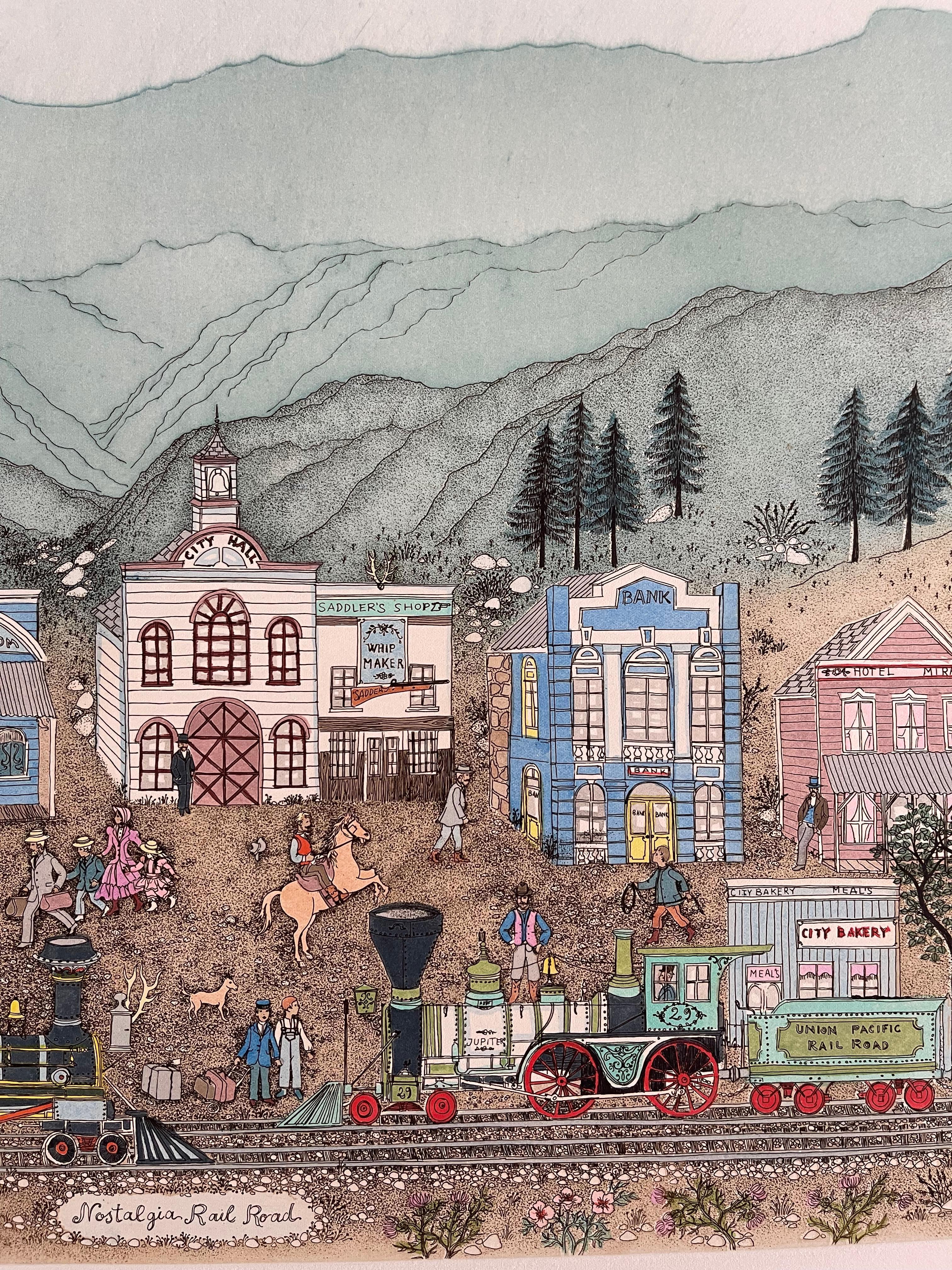 Hand Colored Etching - Nostalgia Railroad - Last - Painting by Cuca Romley