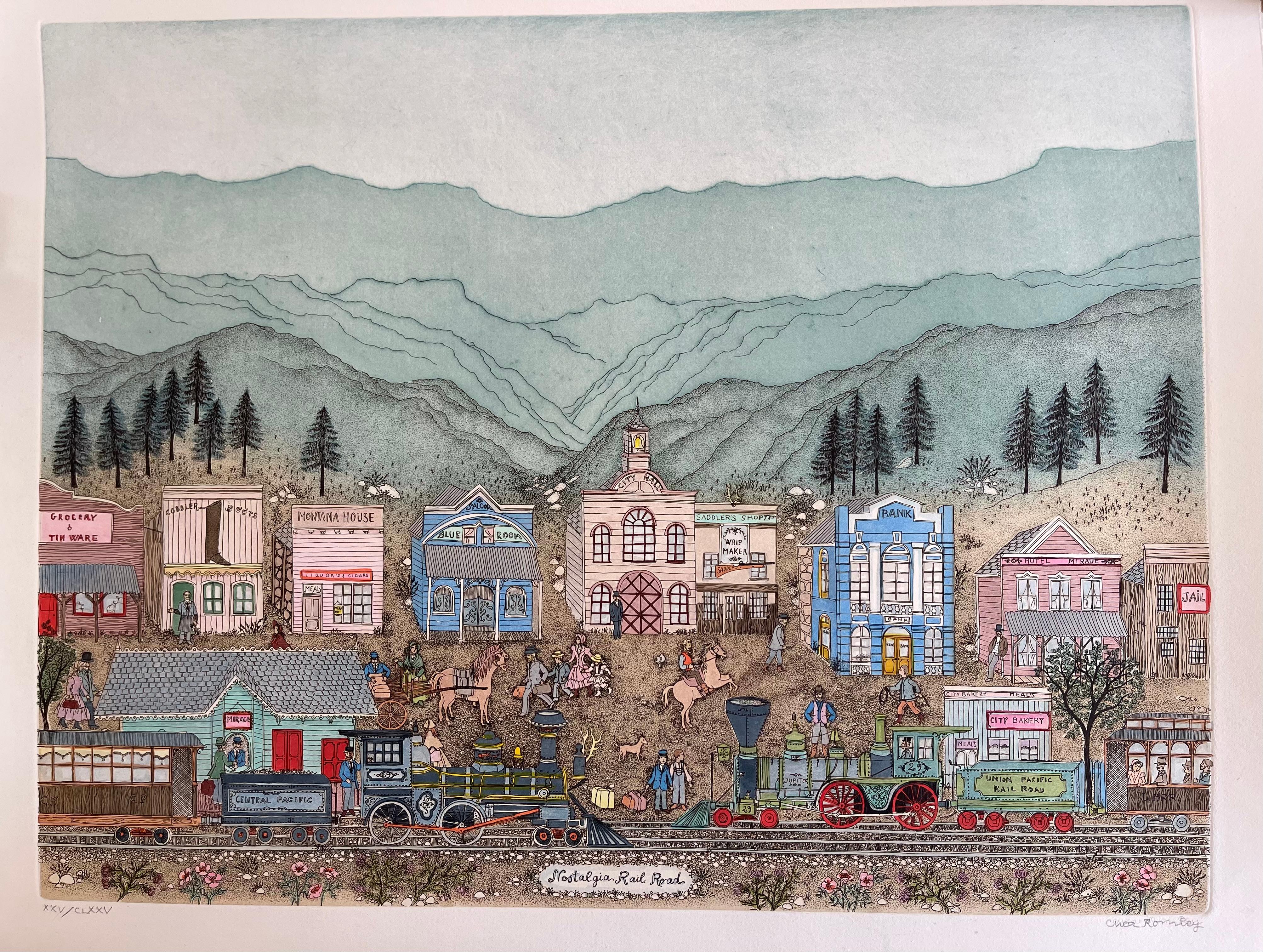 Cuca Romley Landscape Print - Hand Colored Etching - Nostalgia Railroad - Last