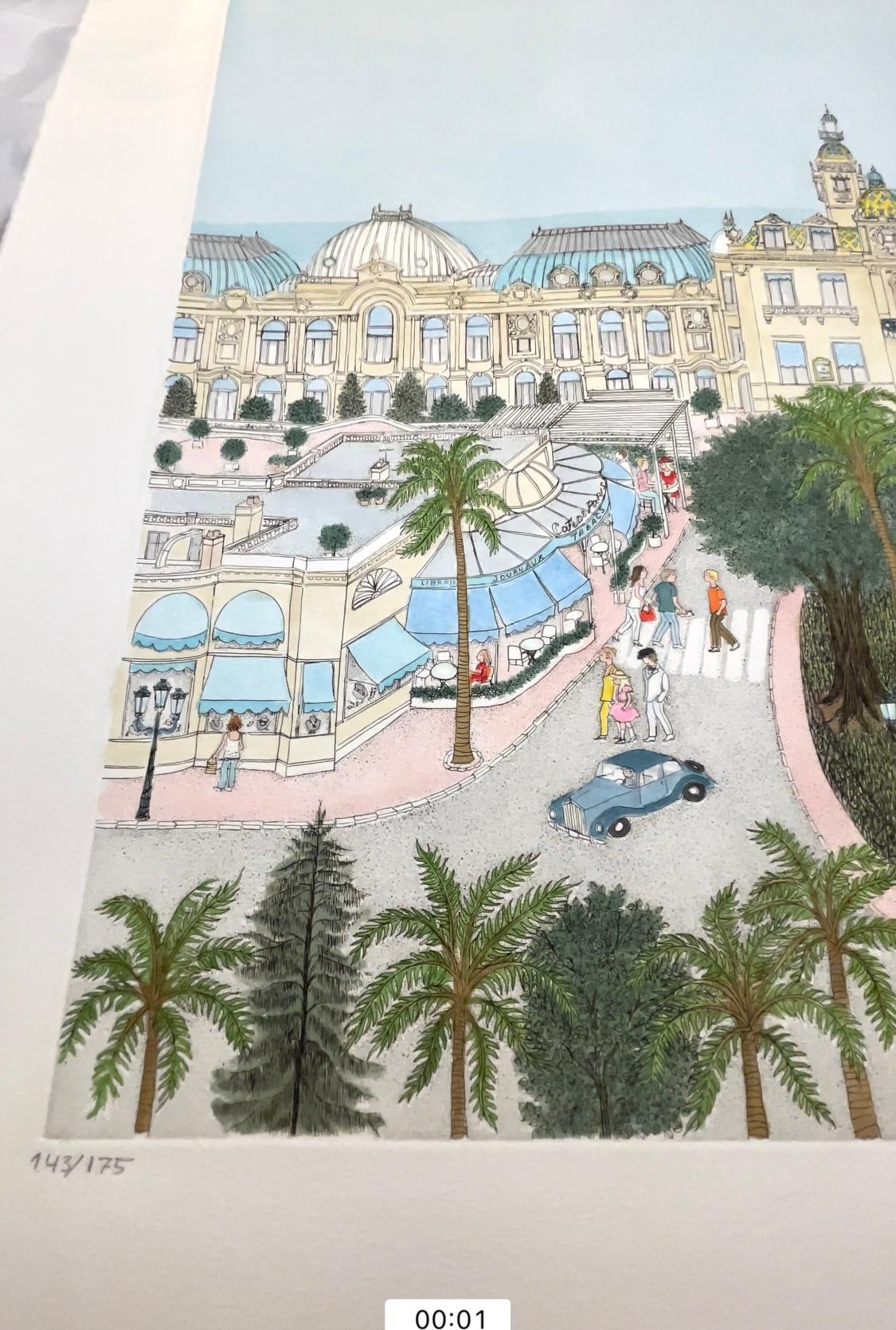 Handcolored Etching - Monte Carlo, Monaco, Europe  - Painting by Cuca Romley