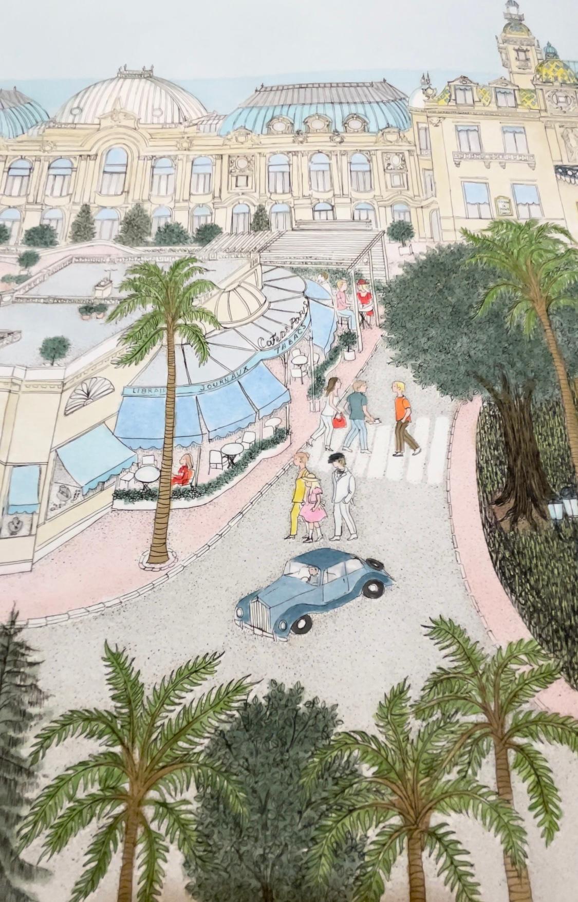 Gravure colorée à la main, Monte Carlo, Monaco, Europe  - Contemporain Painting par Cuca Romley