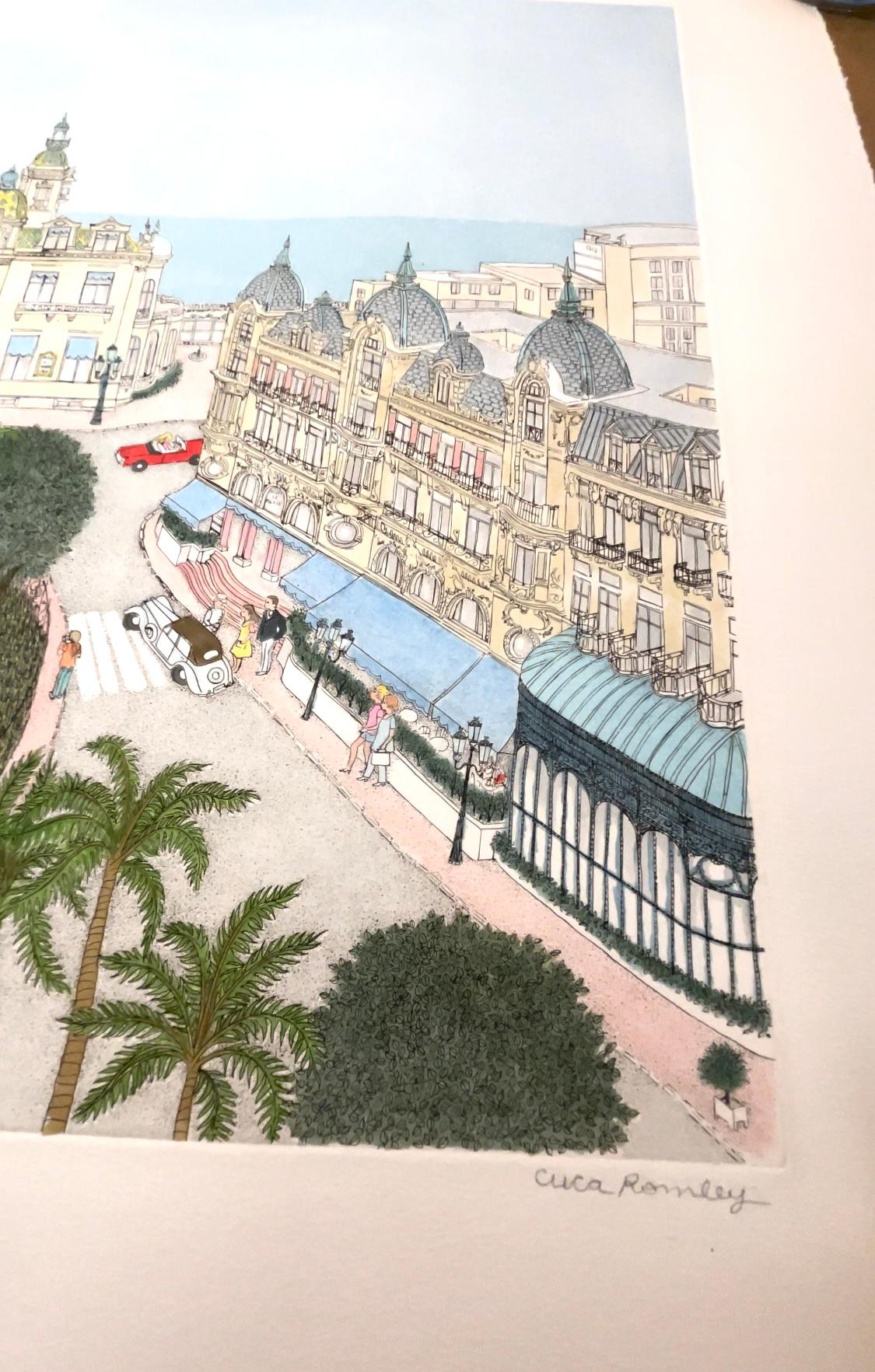 Handcolored Etching - Monte Carlo, Monaco, Europe  - Contemporary Painting by Cuca Romley
