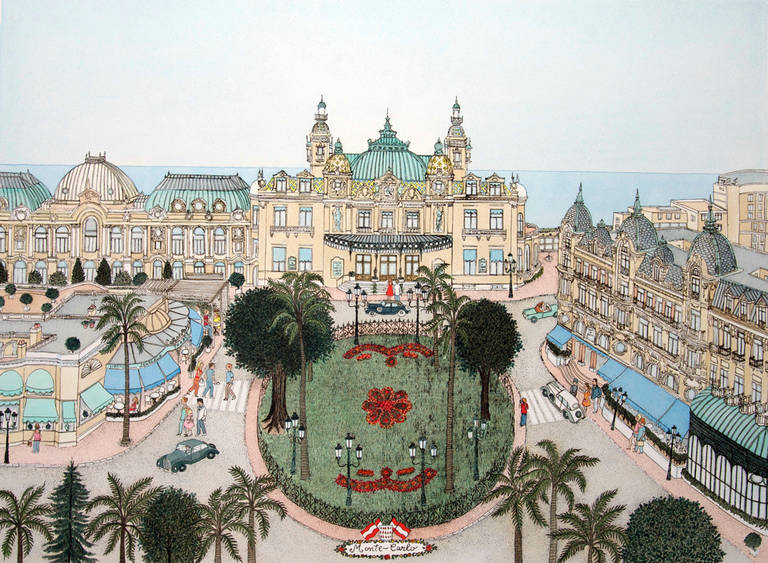Cuca Romley Landscape Painting - Handcolored Etching - Monte Carlo, Monaco, Europe 