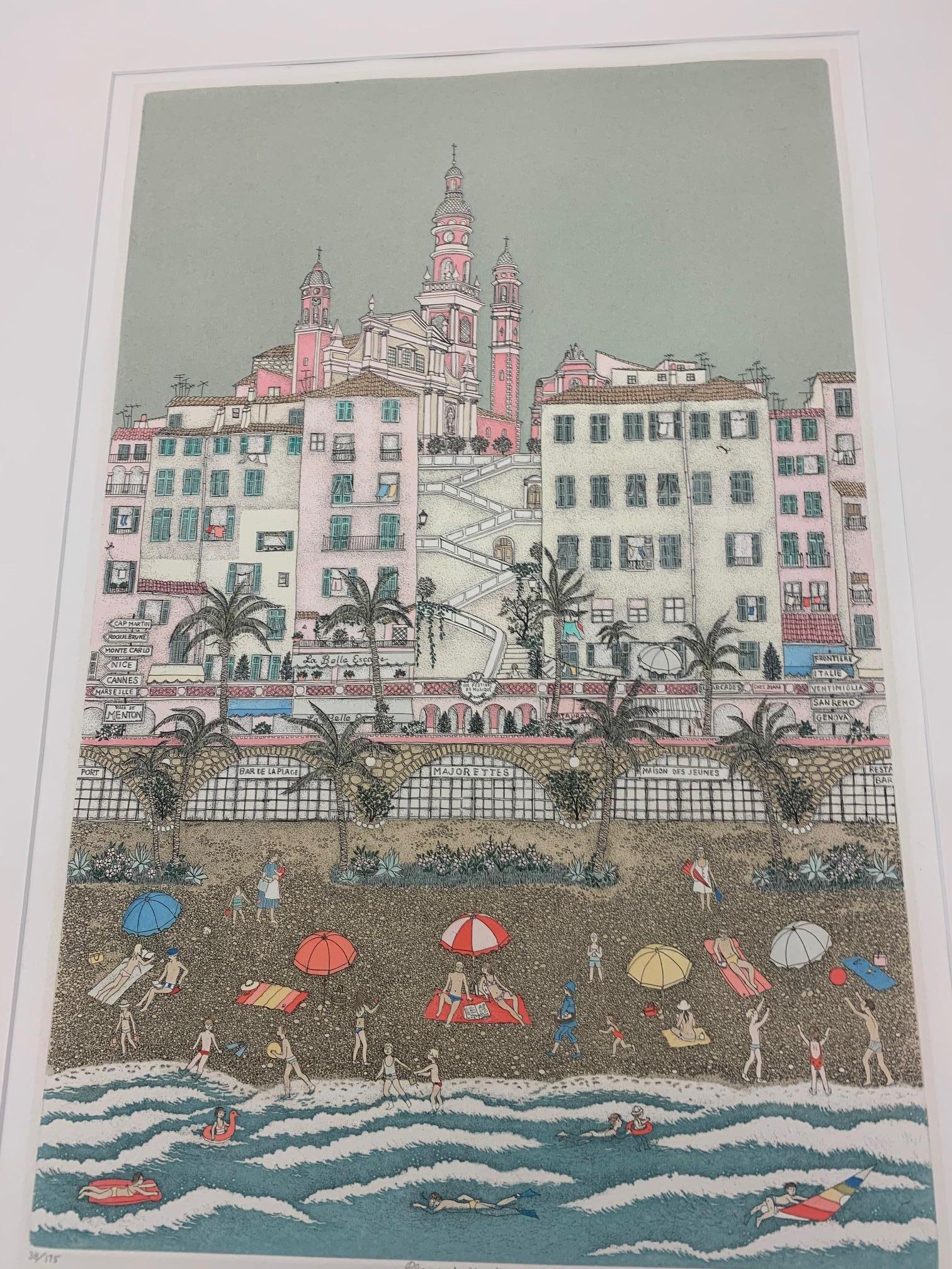 Plage de Menton, France, vers 1980, CIRCA (née en 1933)
Taille de l'image : 15.5 x 23.5 in. sur papier
Signé, en bas à droite, au crayon, 