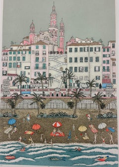 "Plage De Menton", Frankreich, Limitierte Auflage Handkolorierte Radierung - Edn 38/175