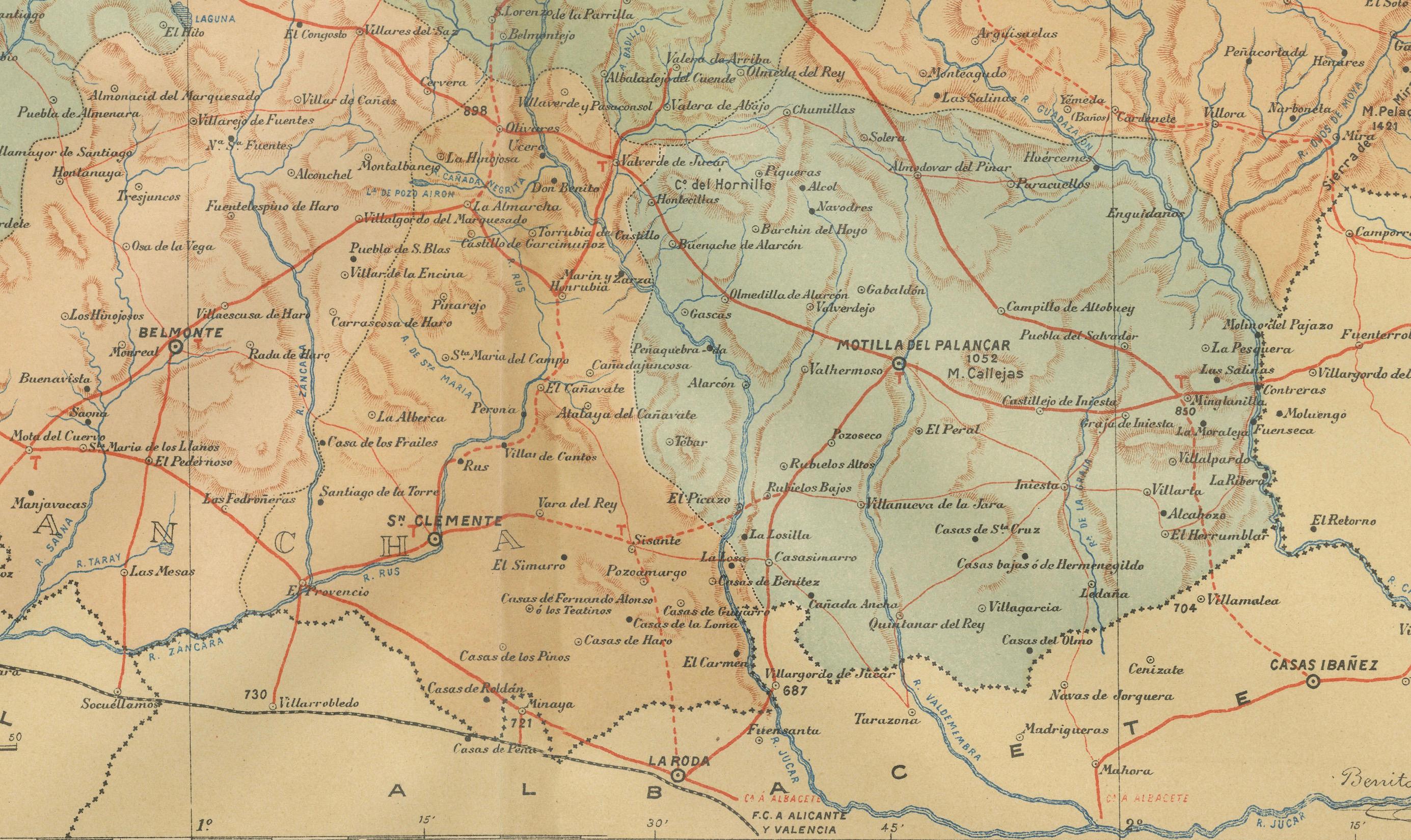 The original antique map displays the province of Cuenca, located in the autonomous community of Castilla-La Mancha in central Spain, as of 1901. Here are some of its features:

It illustrates the varied terrain, including parts of the Serranía de