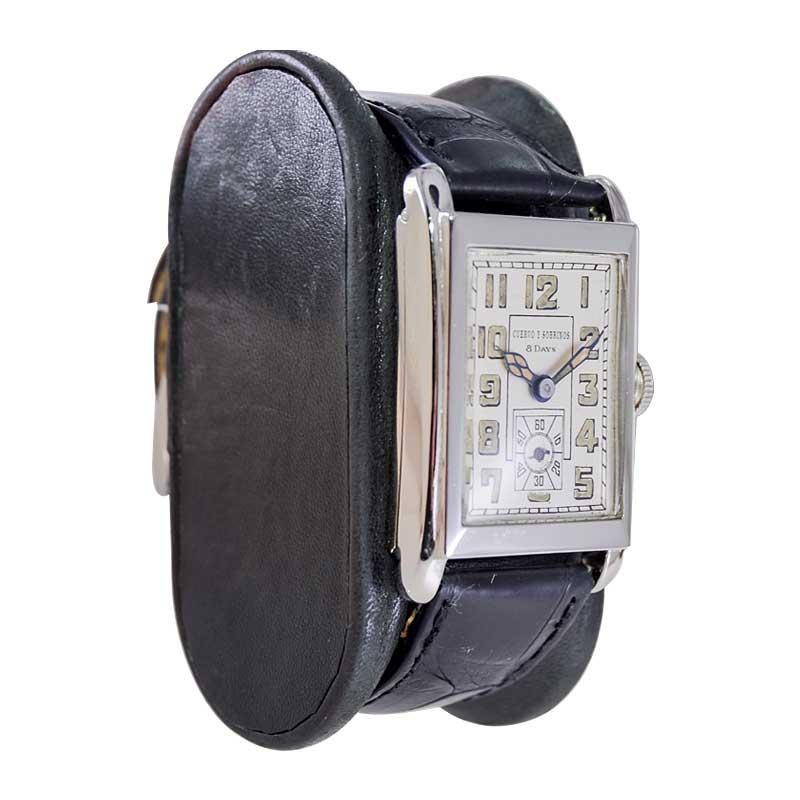 FACTORY / HOUSE: Bedford for Cuervo & Sobrinos 
STYLE / REFERENCE: 8 Day Wrist Watch
METAL / MATERIAL: Nickel 
CIRCA / YEAR: 1930's
DIMENSIONS / SIZE: Length 26mm X Width 41mm
MOVEMENT / CALIBER: Manual Winding / 17 Jewels 
DIAL / HANDS: Original