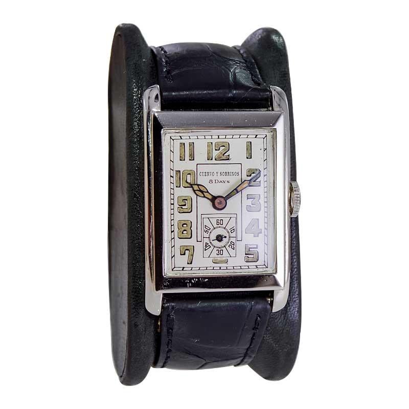 Women's or Men's Cuervo & Sabrinos Rare 8 Day Wrist Watch with Original Dial Art Deco Tank 1930's For Sale