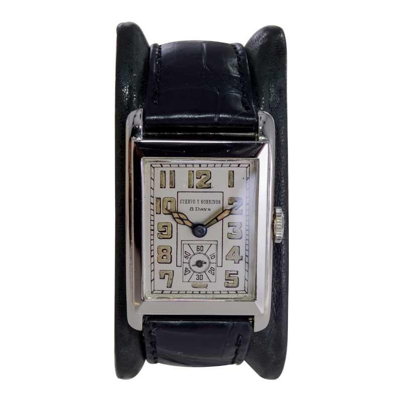 Women's or Men's Cuervo & Sabrinos Rare 8 Day Wrist Watch with Original Dial Art Deco Tank 1930's For Sale