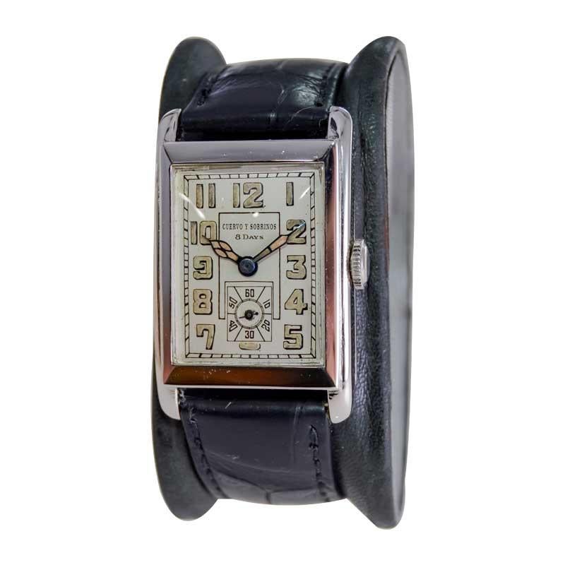 Cuervo & Sabrinos Rare montre-bracelet 8 jours avec cadran d'origine Art Déco Tank 1930''s Unisexe en vente