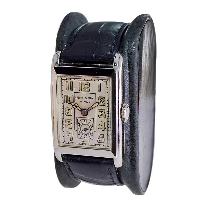 Cuervo & Sabrinos Rare 8 Day Wrist Watch with Original Dial Art Deco Tank 1930's For Sale 2