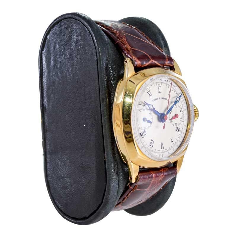 Cuervo & Sobrinos 18kt. Gold Art Deco Cushion Shaped Chronograph from 1930's In Excellent Condition For Sale In Long Beach, CA