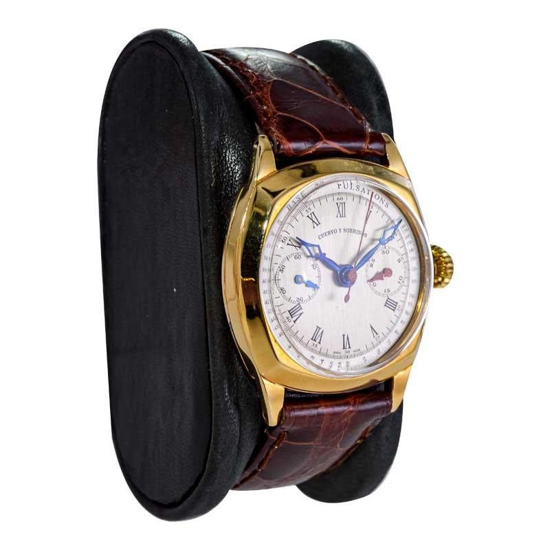 Women's or Men's Cuervo & Sobrinos 18kt. Gold Art Deco Cushion Shaped Chronograph from 1930's For Sale