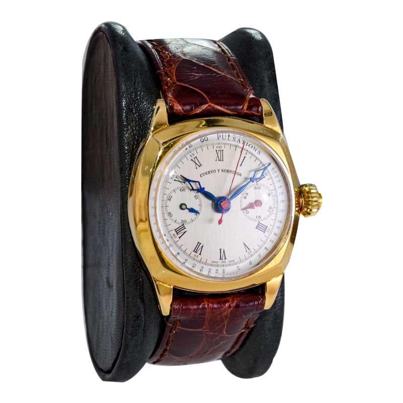 Women's or Men's Cuervo & Sobrinos 18kt. Gold Art Deco Cushion Shaped Chronograph from 1930's