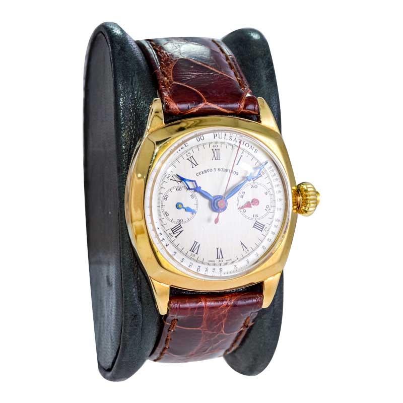 Cuervo & Sobrinos 18kt. Gold Art Deco Cushion Shaped Chronograph from 1930's For Sale 2