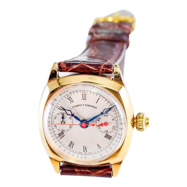 Cuervo & Sobrinos 18kt. Gold Art Deco Cushion Shaped Chronograph from 1930's 3
