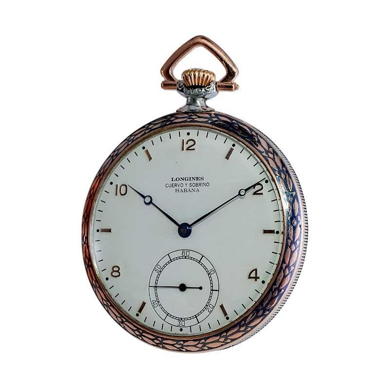 Cuervo & Sobrinos Silver Niello and Gold Art Deco Open Faced Pocket Watch 1940's For Sale 1