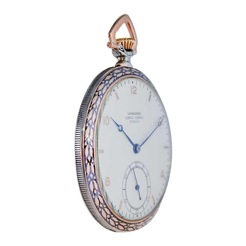 Cuervo & Sobrinos Silver Niello and Gold Art Deco Open Faced Pocket Watch 1940's For Sale 2