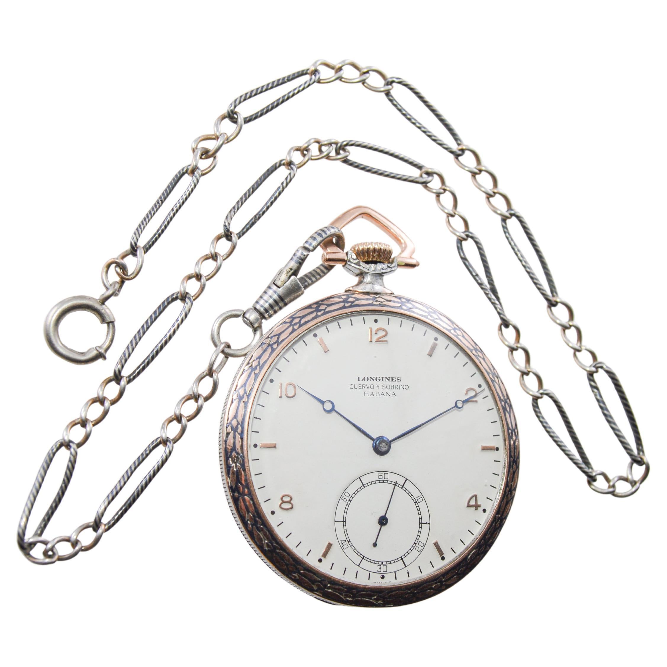 Cuervo & Sobrinos Silver Niello and Gold Art Deco Open Faced Pocket Watch 1940's For Sale