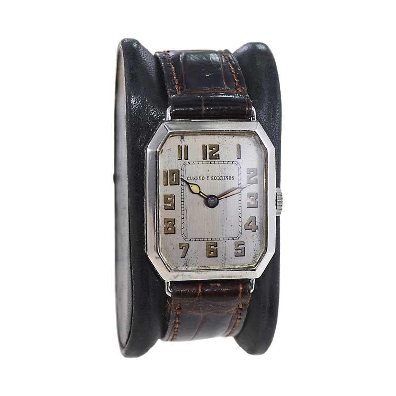 FACTORY / HOUSE: Cuervo Y Sobrinos Havana
STYLE / REFERENCE: Art Deco / Tank Style
METAL / MATERIAL: German Nickel
CIRCA / YEAR: 1920's
DIMENSIONS / SIZE: Length 37mm x Width 22mm
MOVEMENT / CALIBER: Manual Winding / 6 Jewels / A. Shield
DIAL /