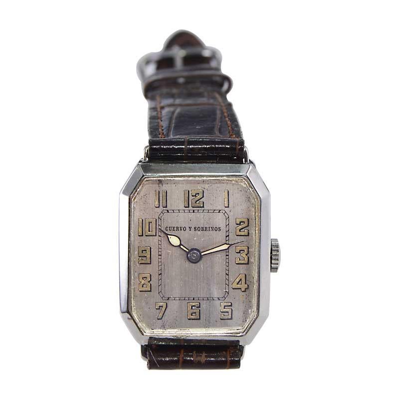 Women's or Men's Cuervo Y Sobrinos Nickel Art Deco Tank Watch from 1920's with Original Dial For Sale