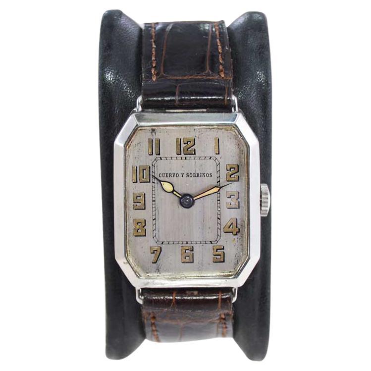 Cuervo Y Sobrinos Nickel Art Deco Tank Watch from 1920's with Original Dial For Sale