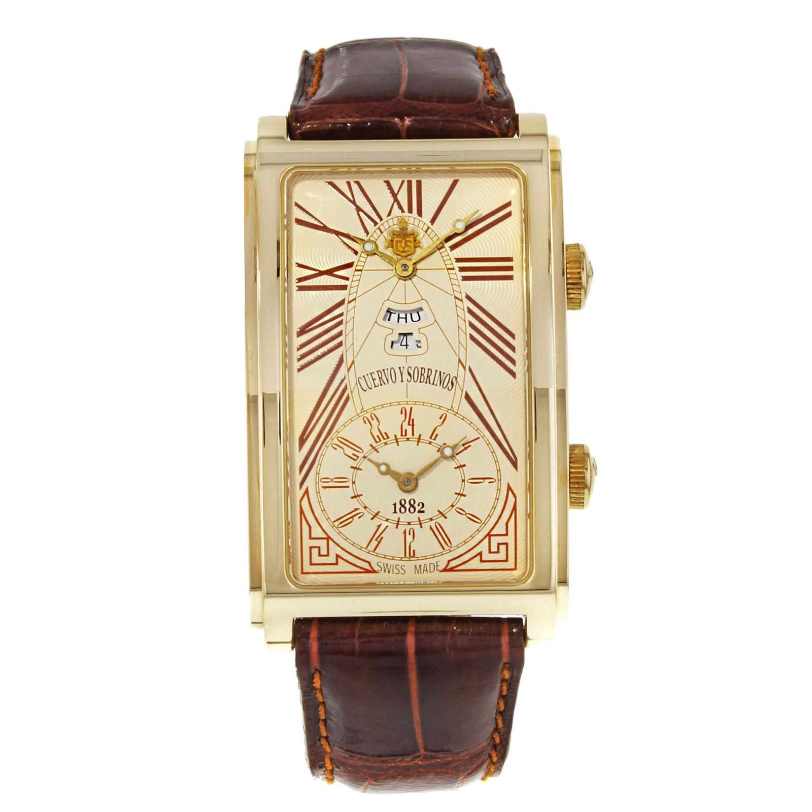 Cuervo Y Sobrinos Prominente 18 Karat Gold Leather Dual Time Men Watch O1124/2