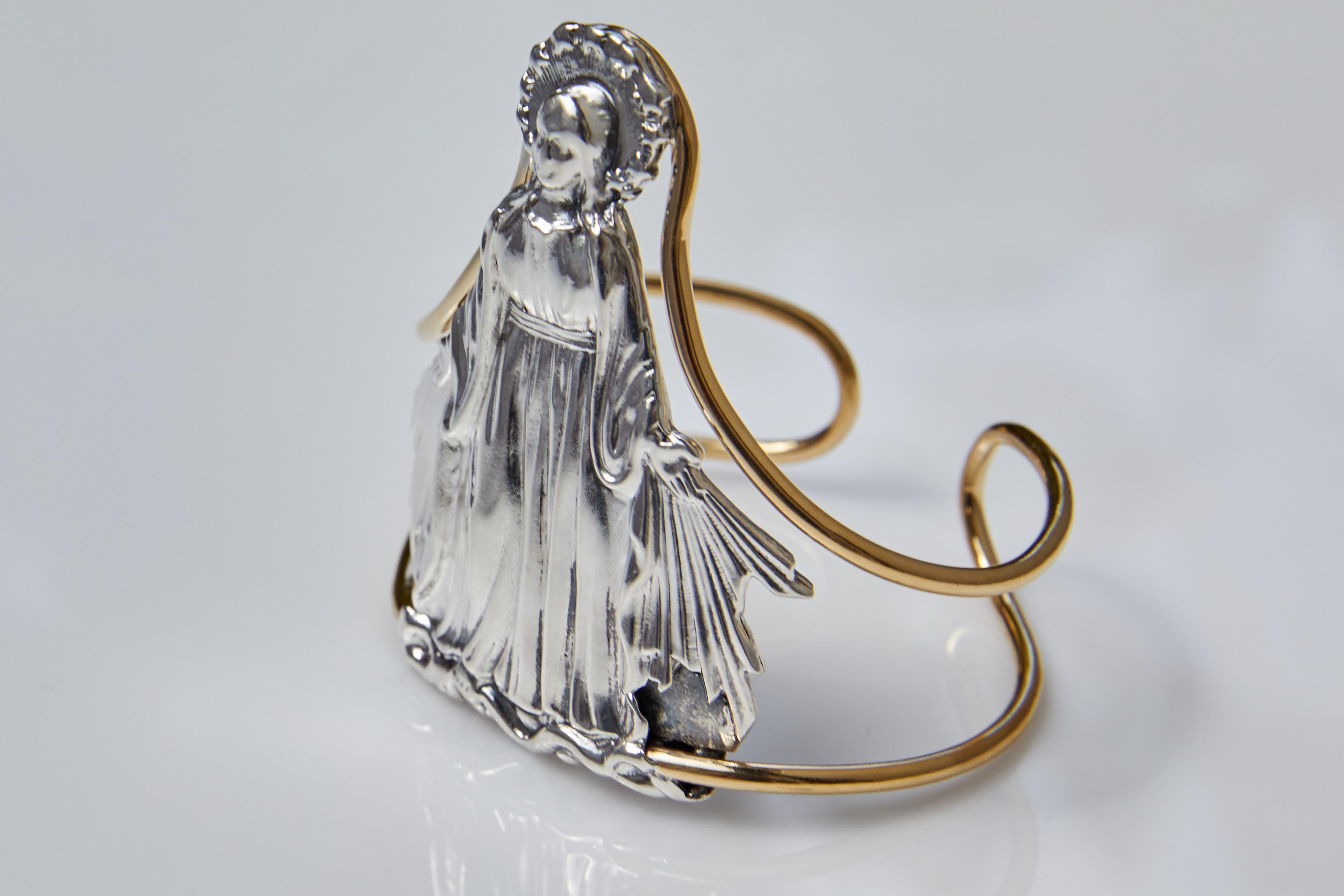 Round Cut Cuff Bangle Bracelet Virgin Mary Statement Silver Brass For Sale