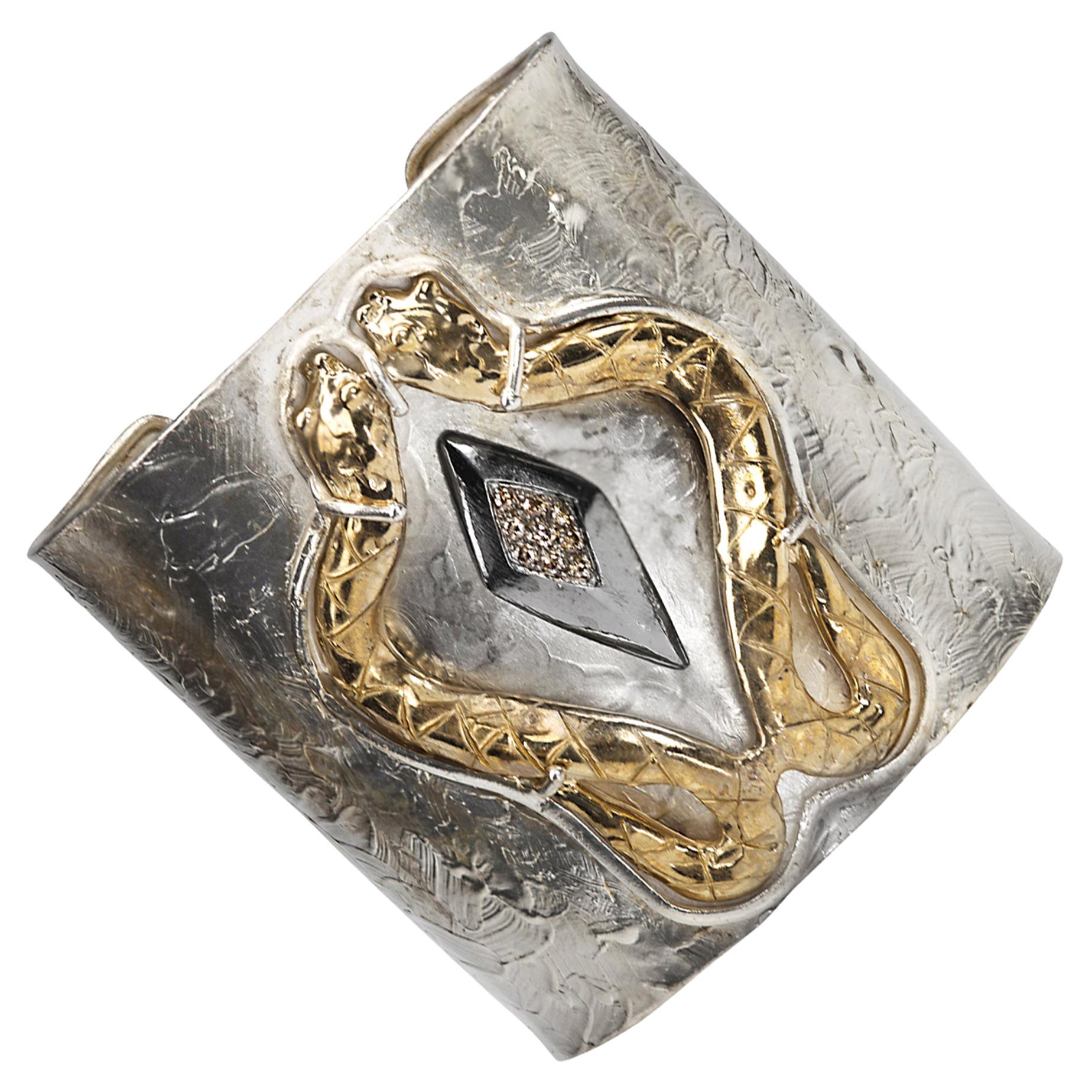 Cuff Bracelet Diamonds 24 Karat Gold Plated Silver Modern Design 