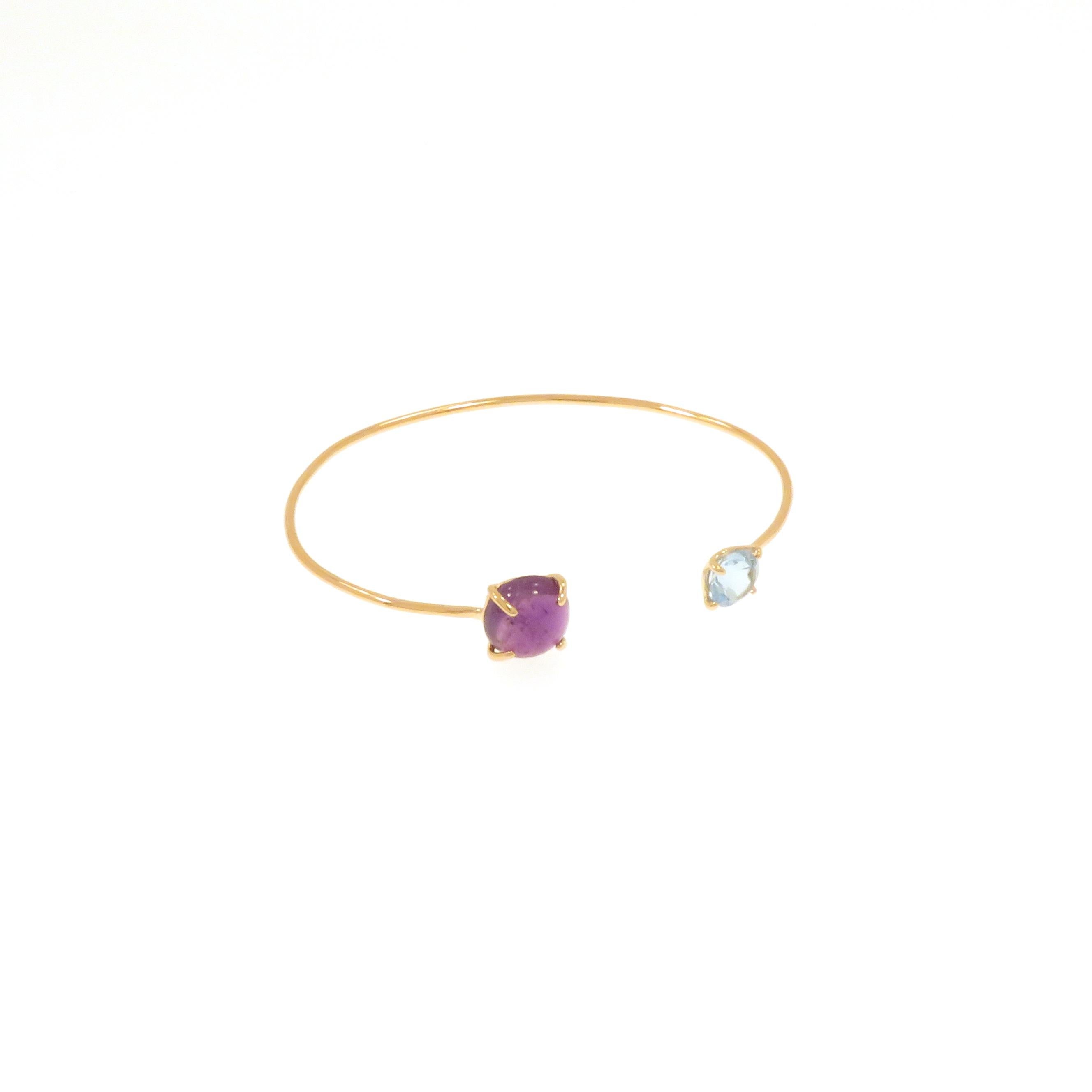 Contemporary Cuff Bracelet Blue Topaz Amethyst 9 Karat Rose Gold Handcrafted in Italy For Sale