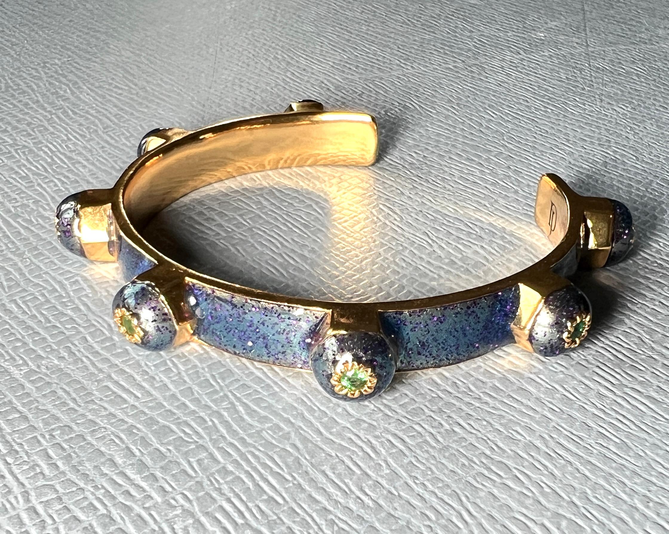 Emerald Cuff Bracelet Glitter Blue Enamel For Sale 4
