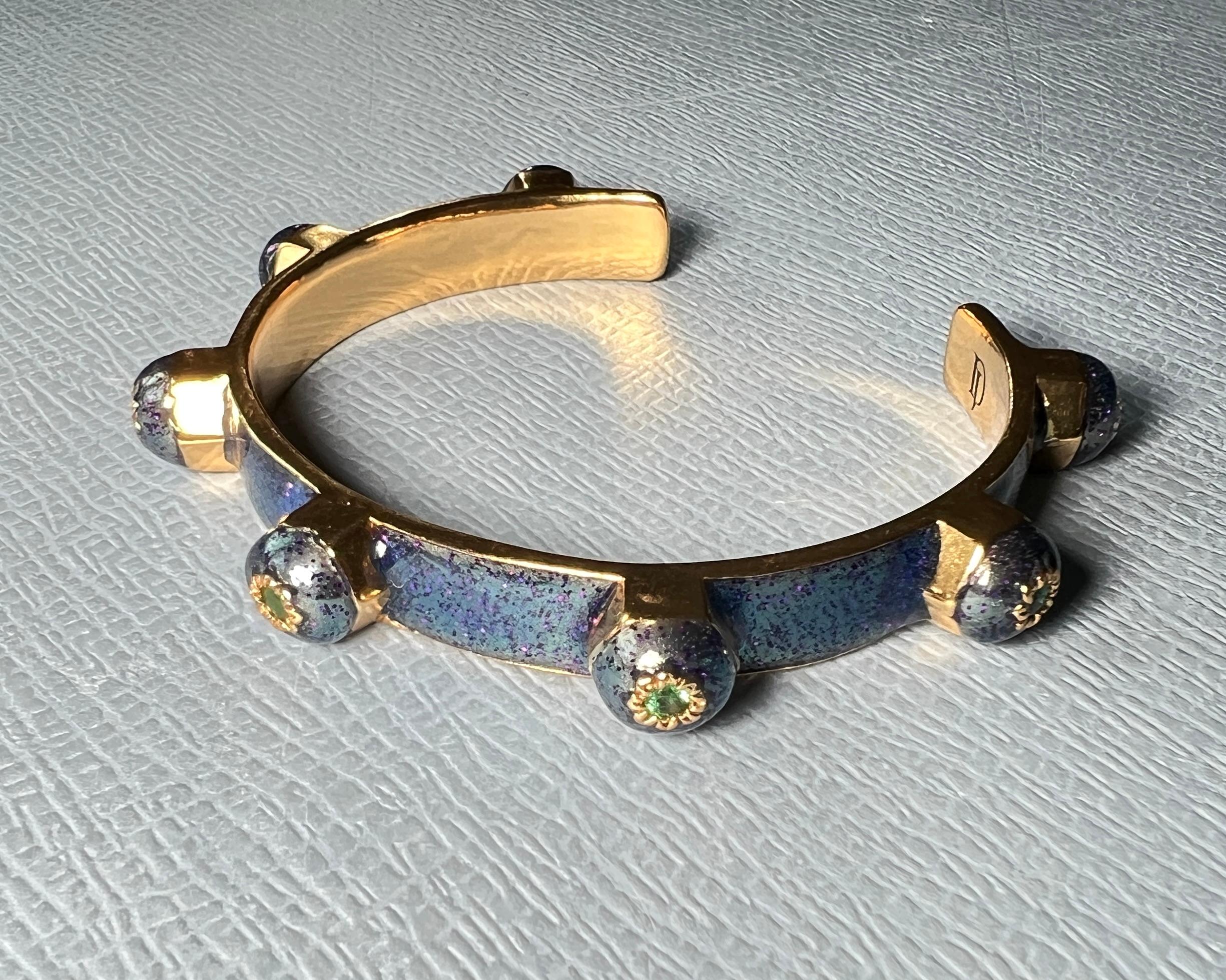 Emerald Cuff Bracelet Glitter Blue Enamel For Sale 6