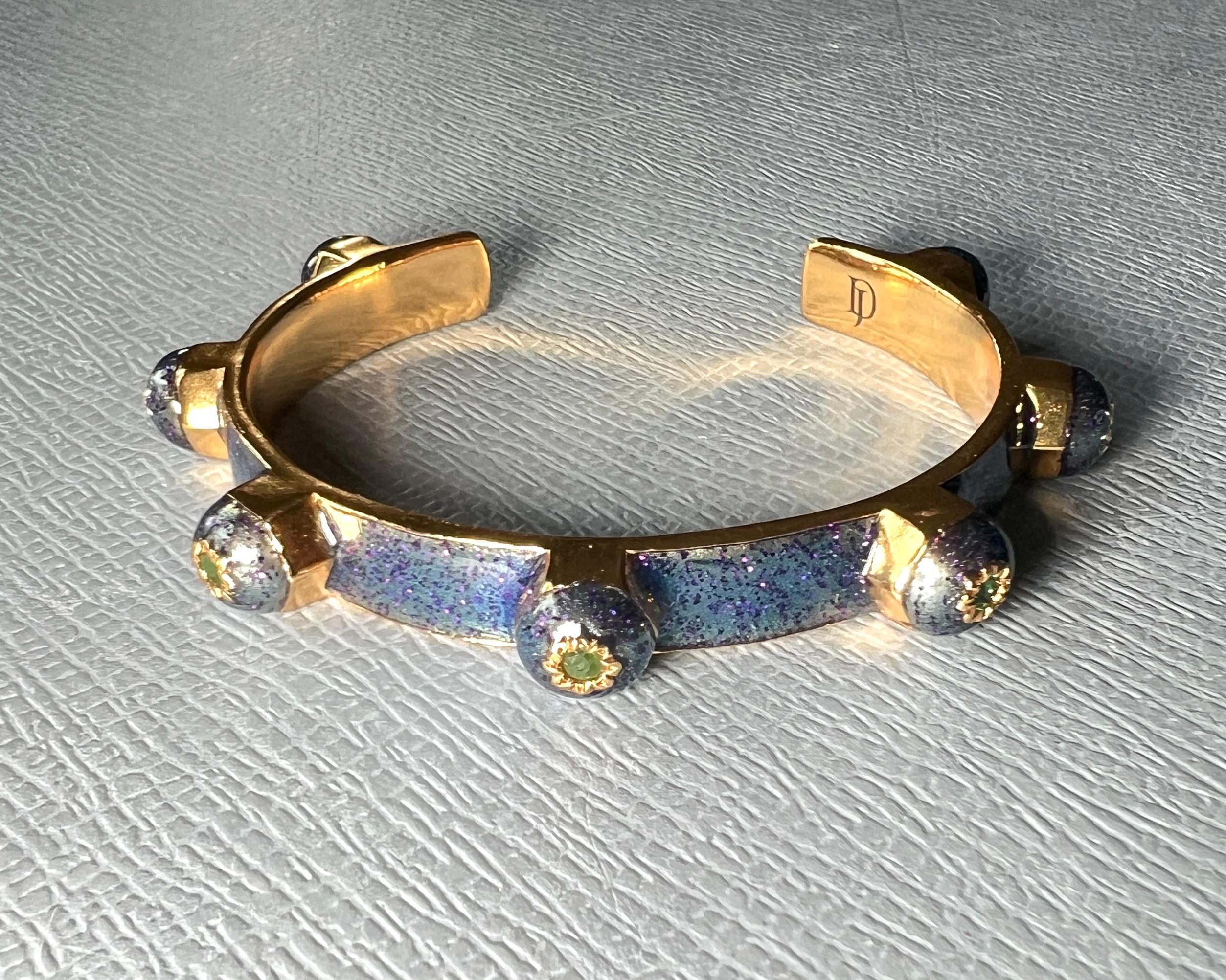 Emerald Cuff Bracelet Glitter Blue Enamel For Sale 7