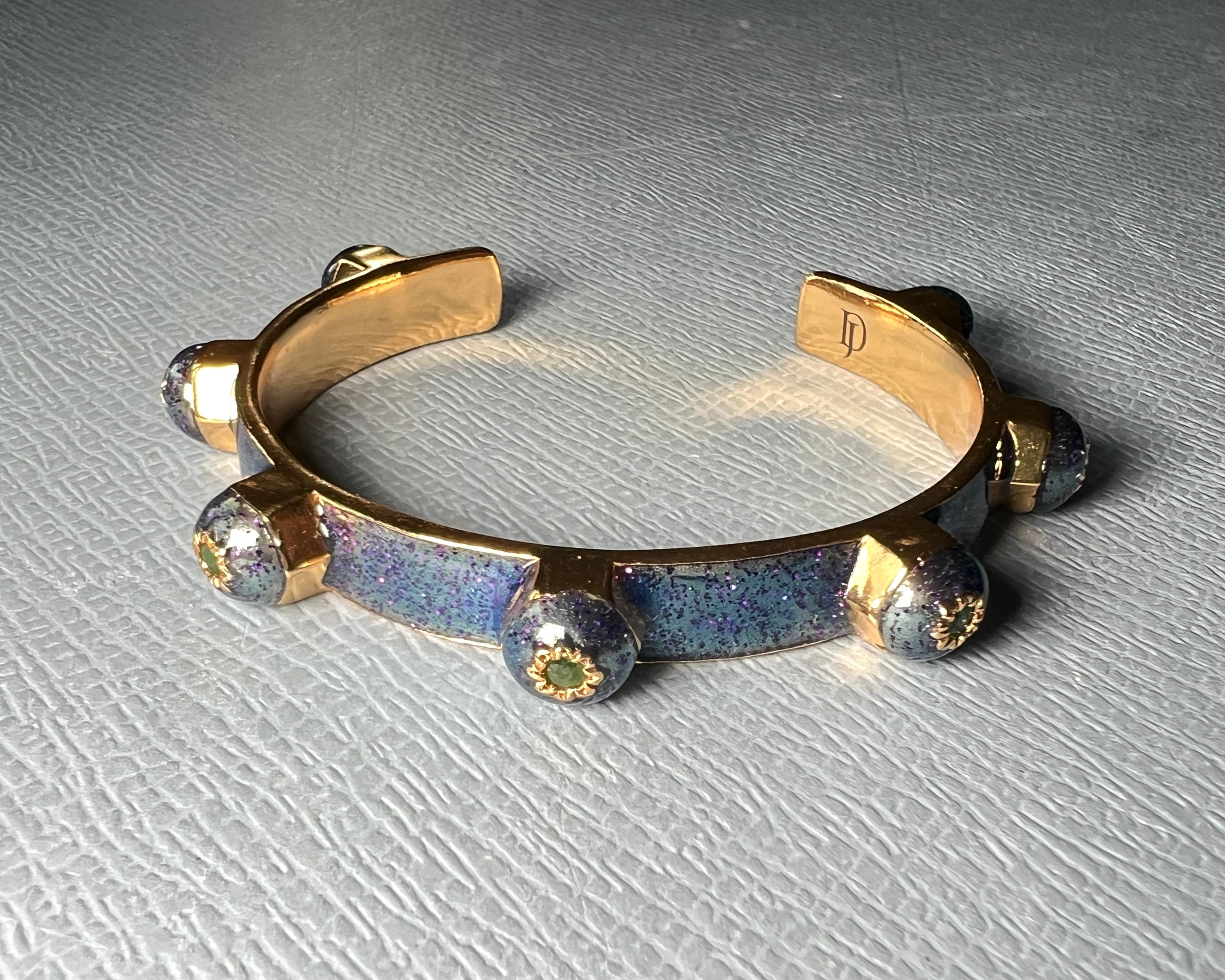 Emerald Cuff Bracelet Glitter Blue Enamel For Sale 8