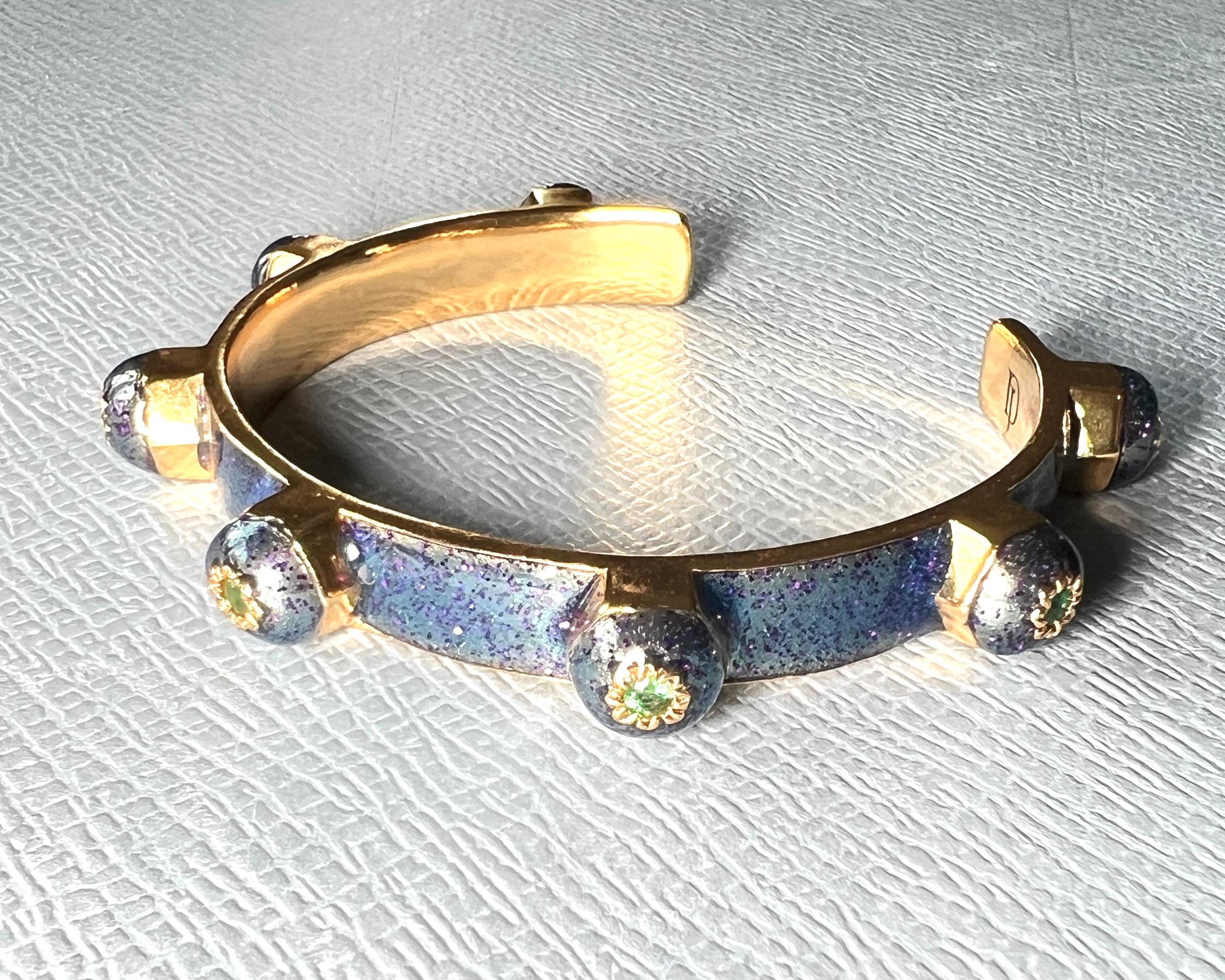 Victorian Emerald Cuff Bracelet Glitter Blue Enamel For Sale