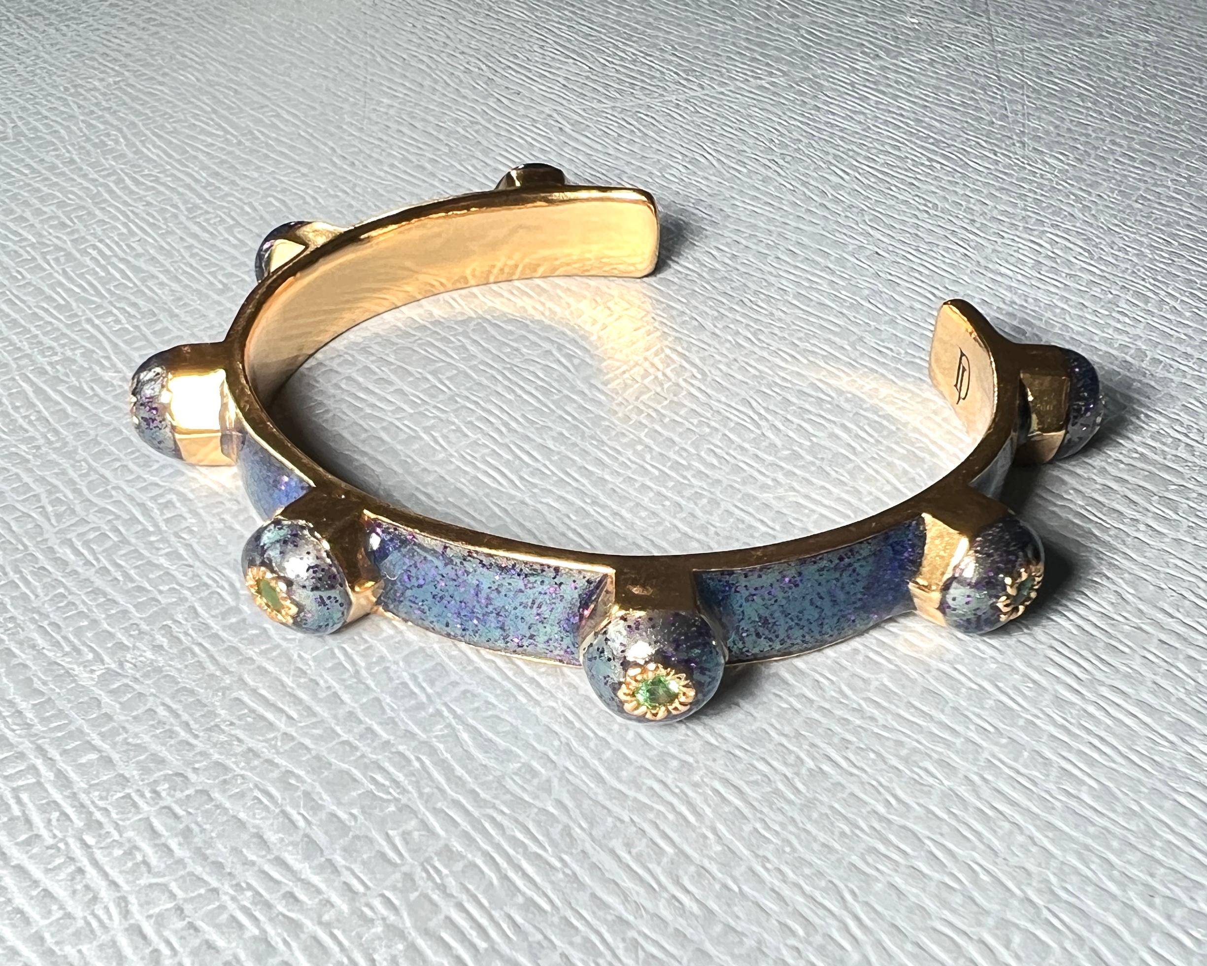 Brilliant Cut Emerald Cuff Bracelet Glitter Blue Enamel For Sale
