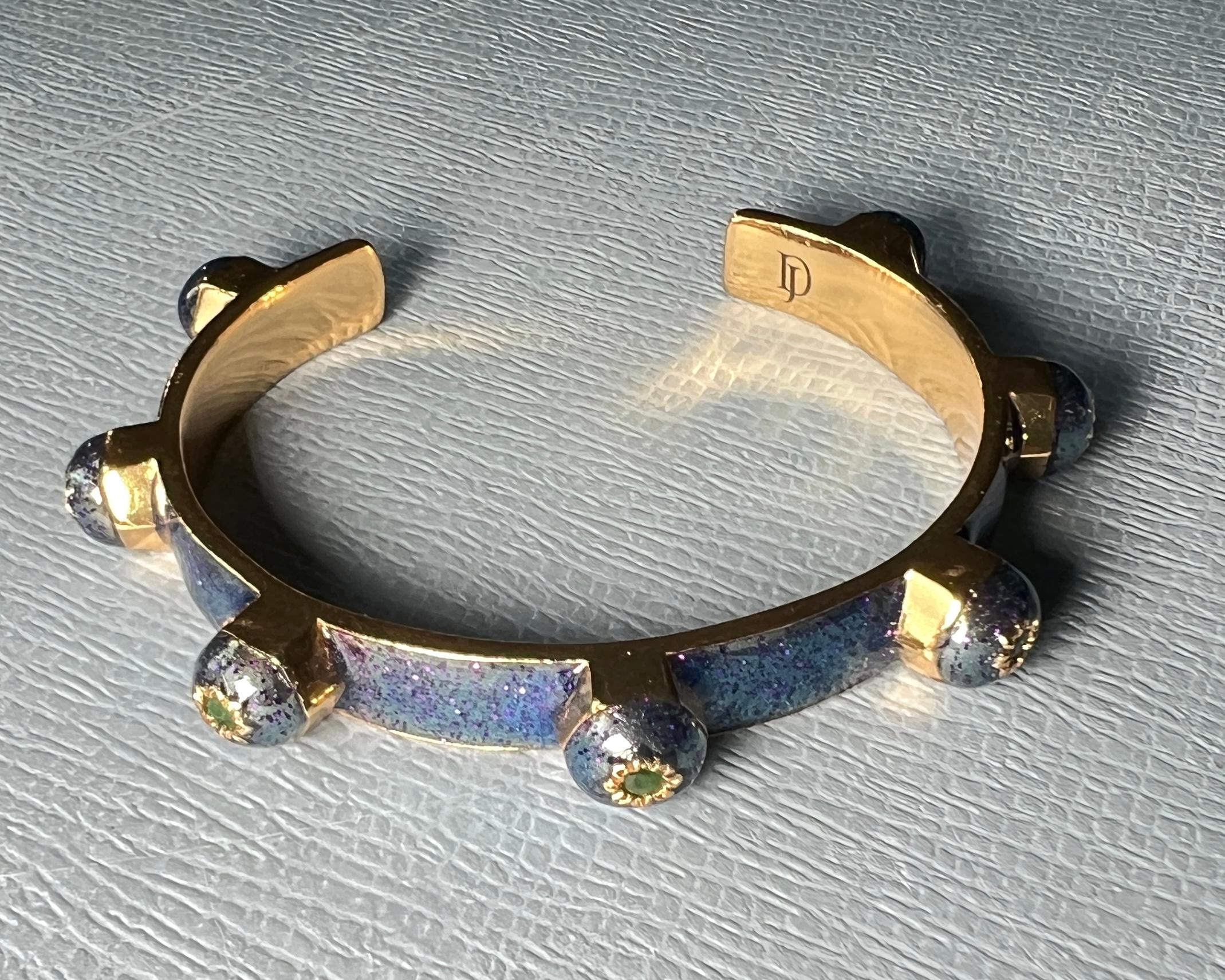 Emerald Cuff Bracelet Glitter Blue Enamel For Sale 2