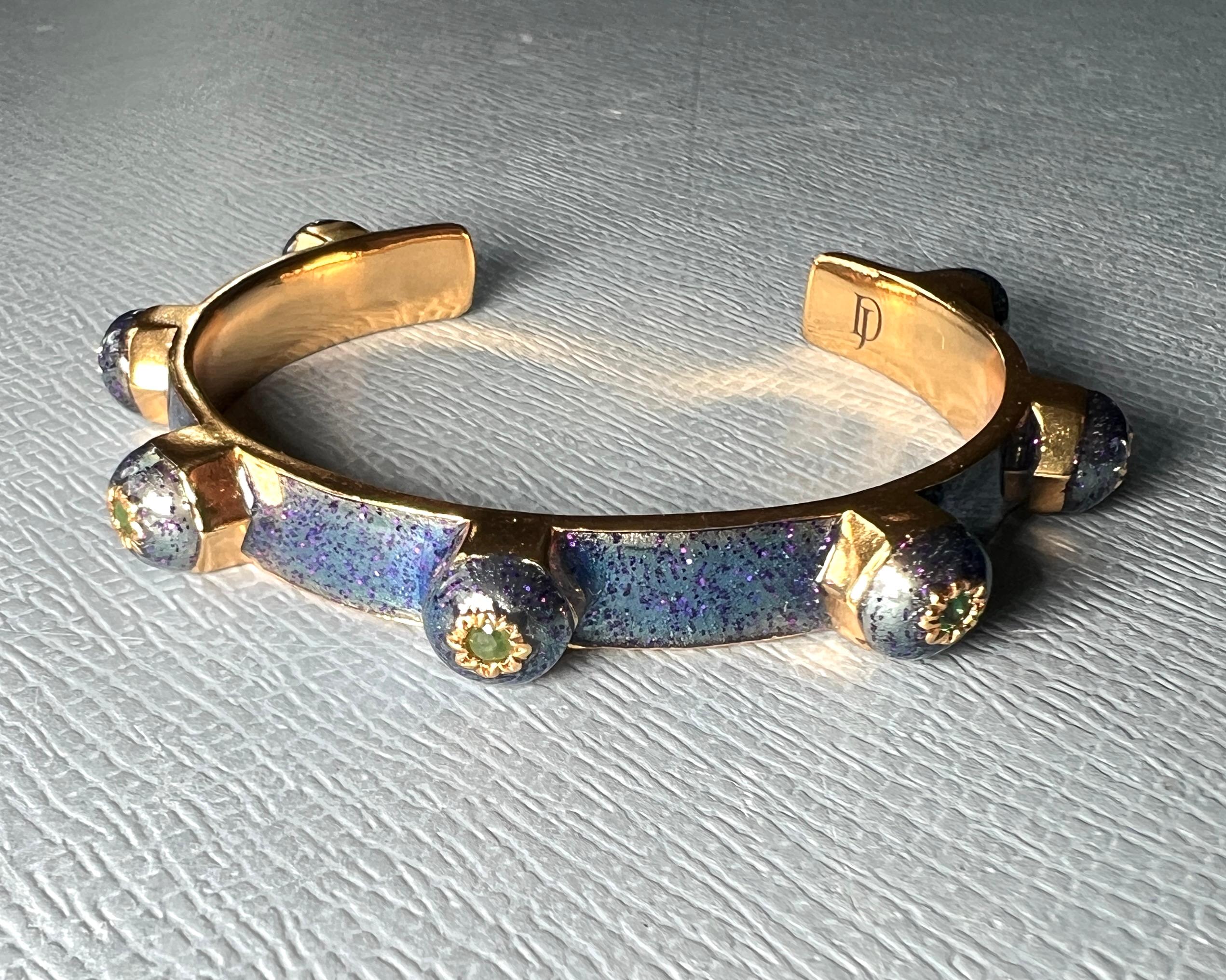 Emerald Cuff Bracelet Glitter Blue Enamel For Sale 3