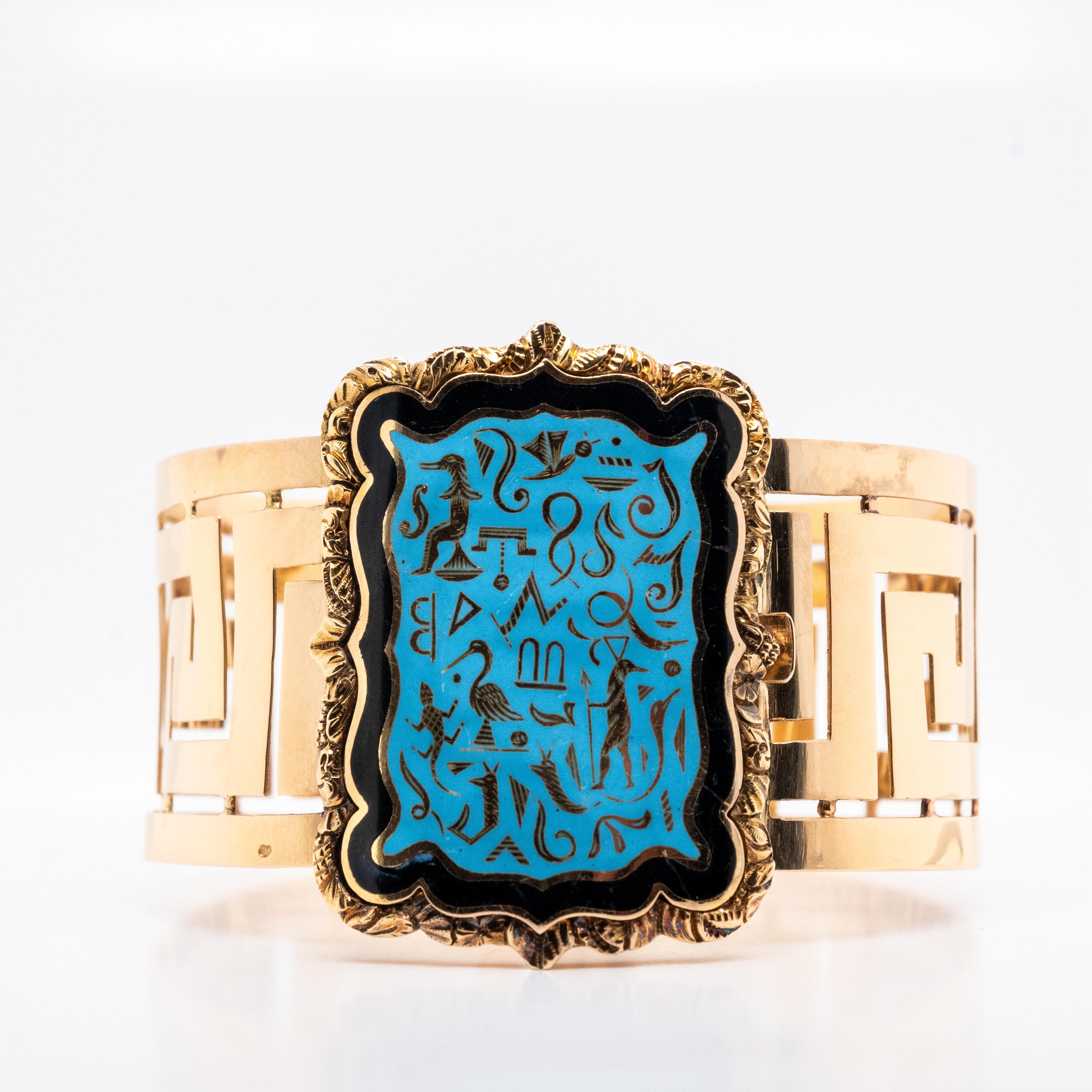 Egyptian Revival Cuff Bracelet, Enamelled Hieroglyphs, 18-carat gold For Sale