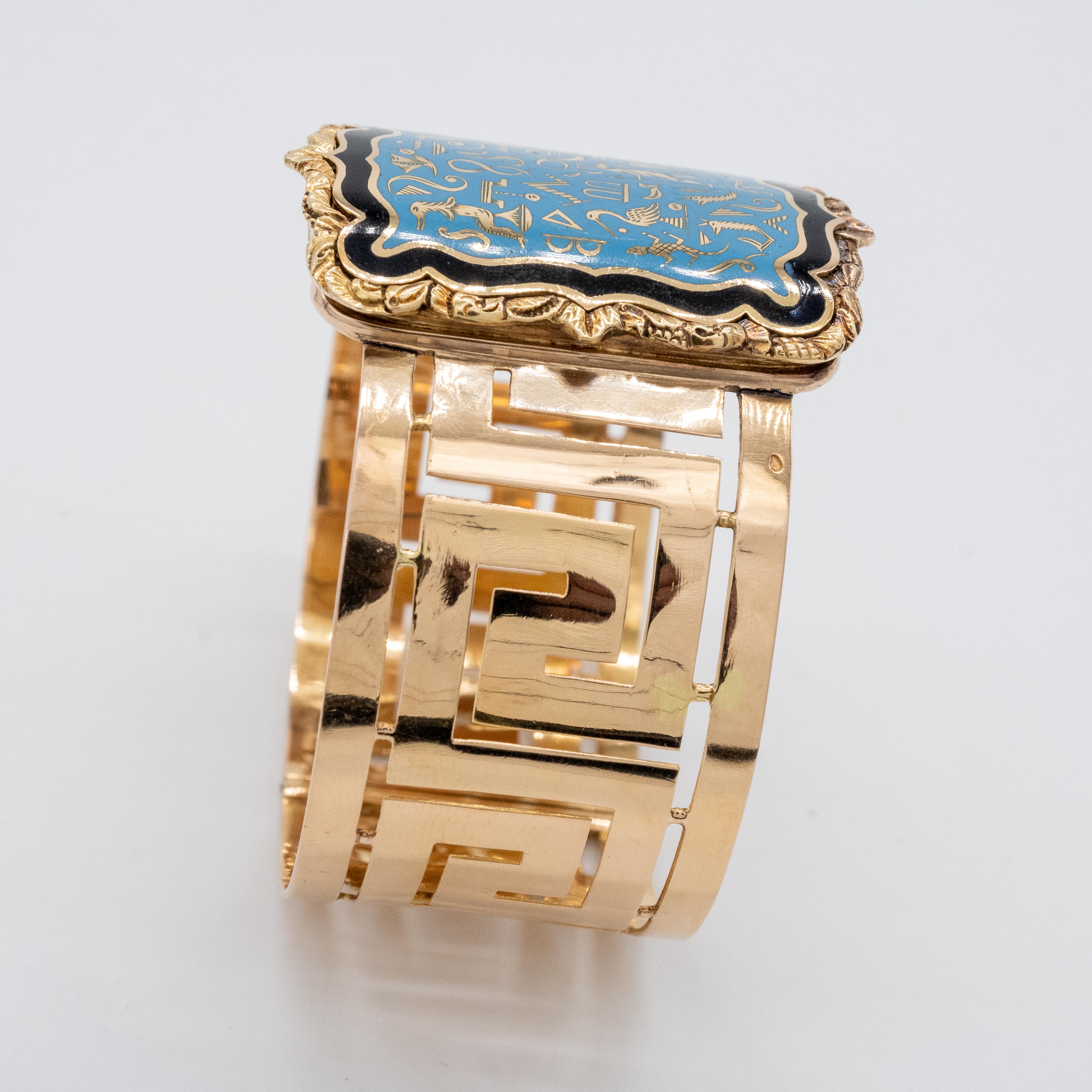 Cuff Bracelet, Enamelled Hieroglyphs, 18-carat gold For Sale 1
