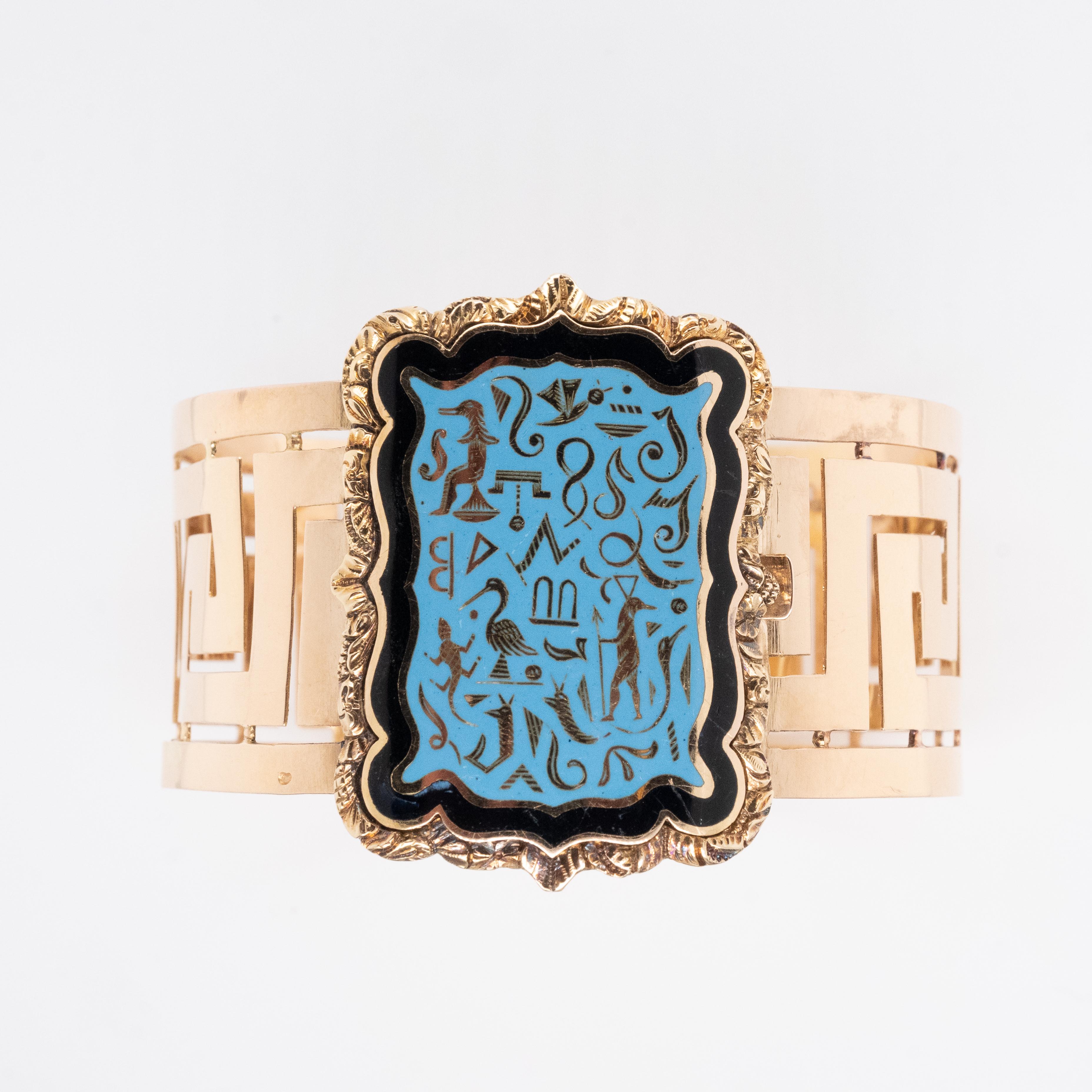 Cuff Bracelet, Enamelled Hieroglyphs, 18-carat gold For Sale 2