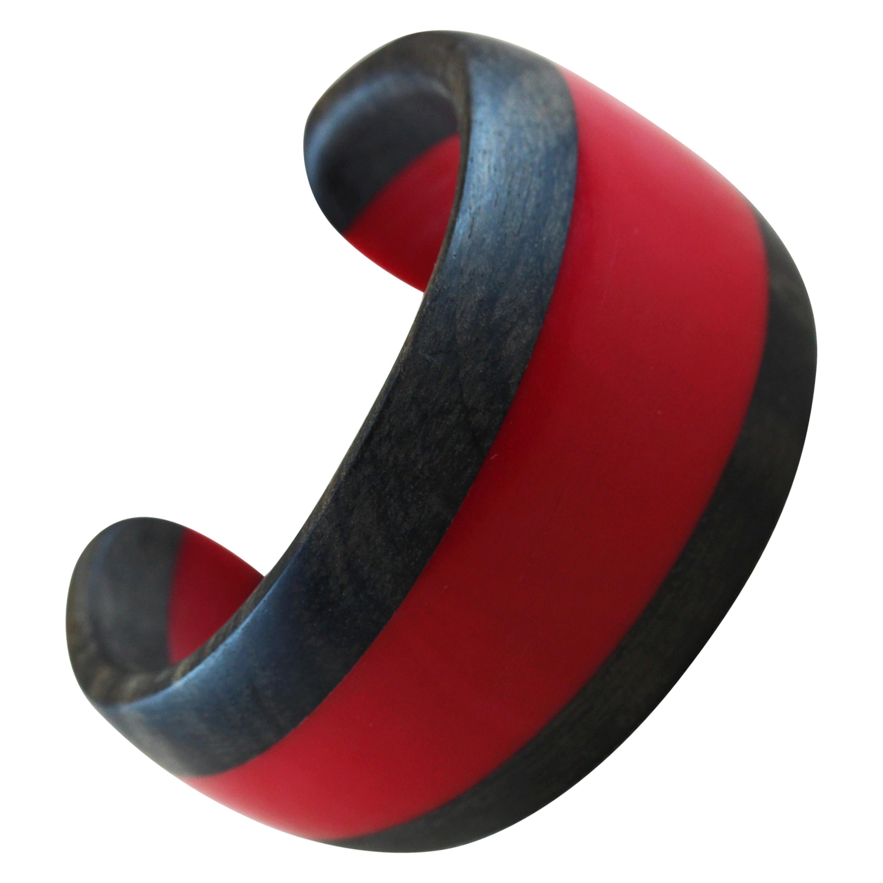 Cuff Bracelet in Wood and Red Methacrylate