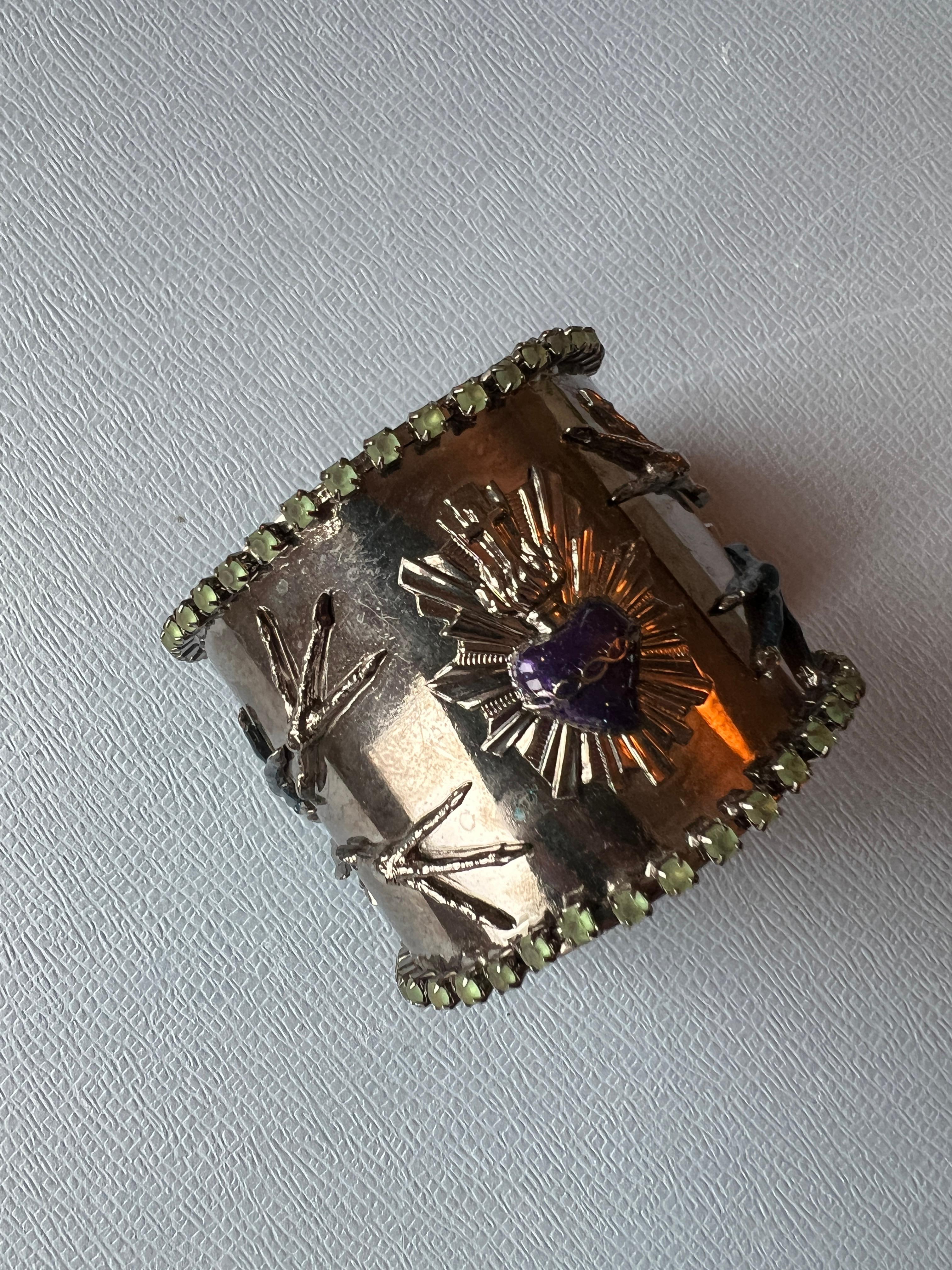 Modern Cuff Bracelet Sacred Heart, Purple & Blue Enamel, Green Rhinestone For Sale
