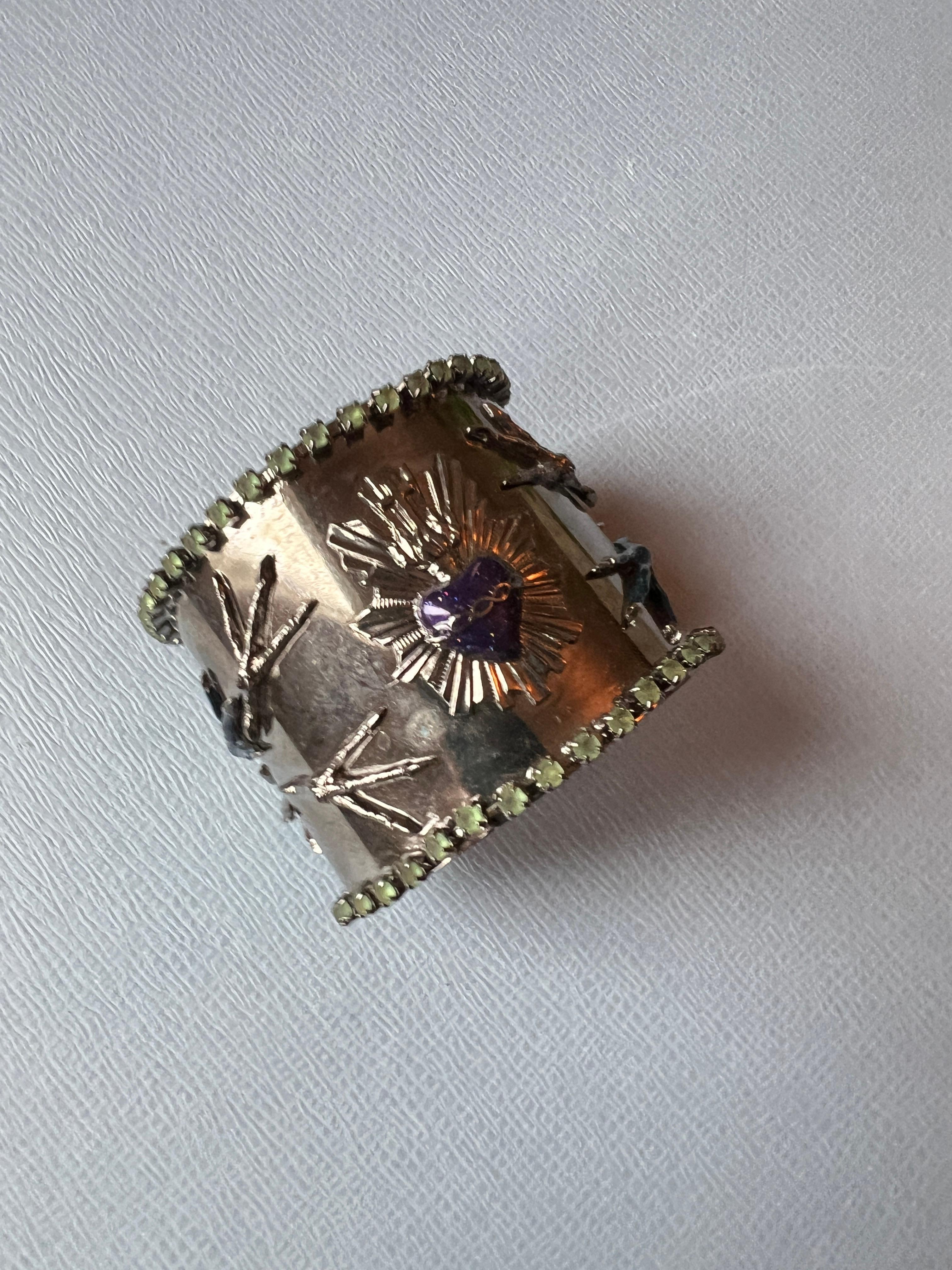 Cuff Bracelet Sacred Heart, Purple & Blue Enamel, Green Rhinestone In New Condition For Sale In Los Angeles, CA