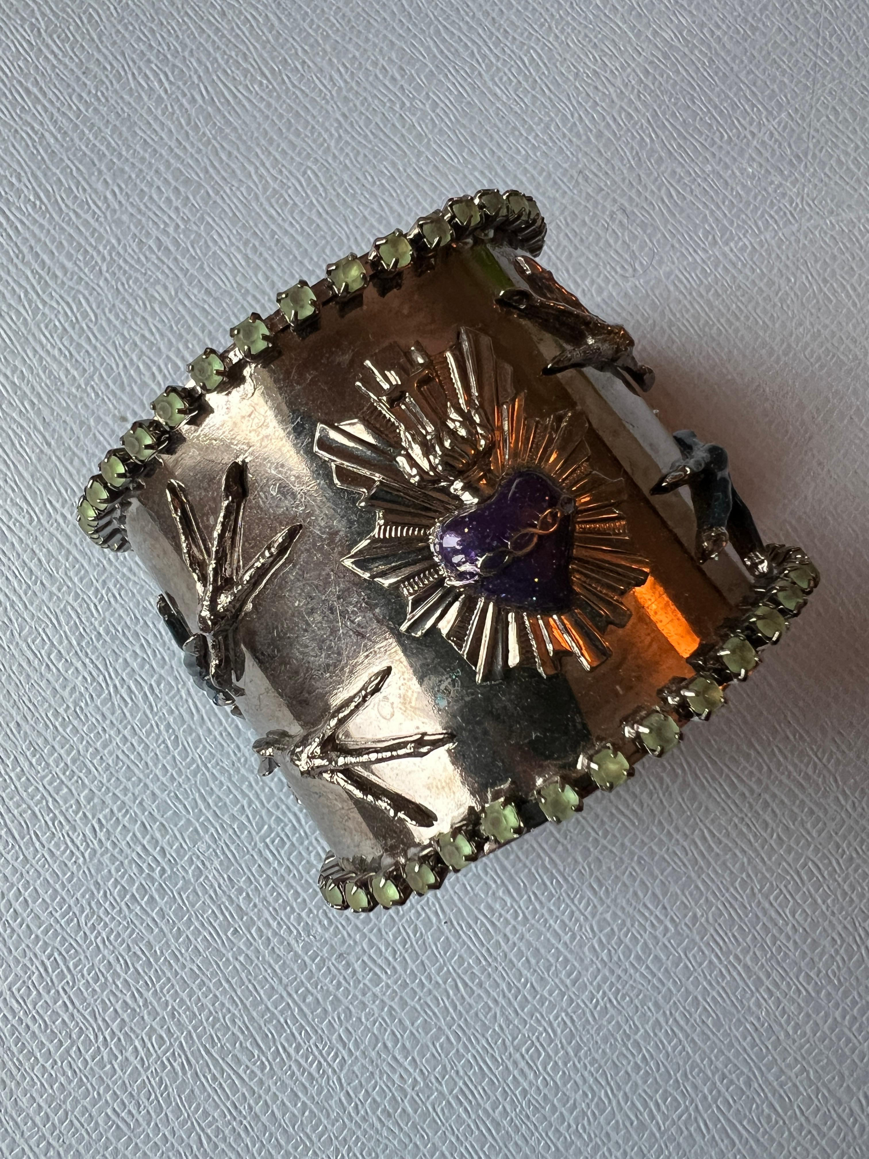 Women's or Men's Cuff Bracelet Sacred Heart, Purple & Blue Enamel, Green Rhinestone For Sale