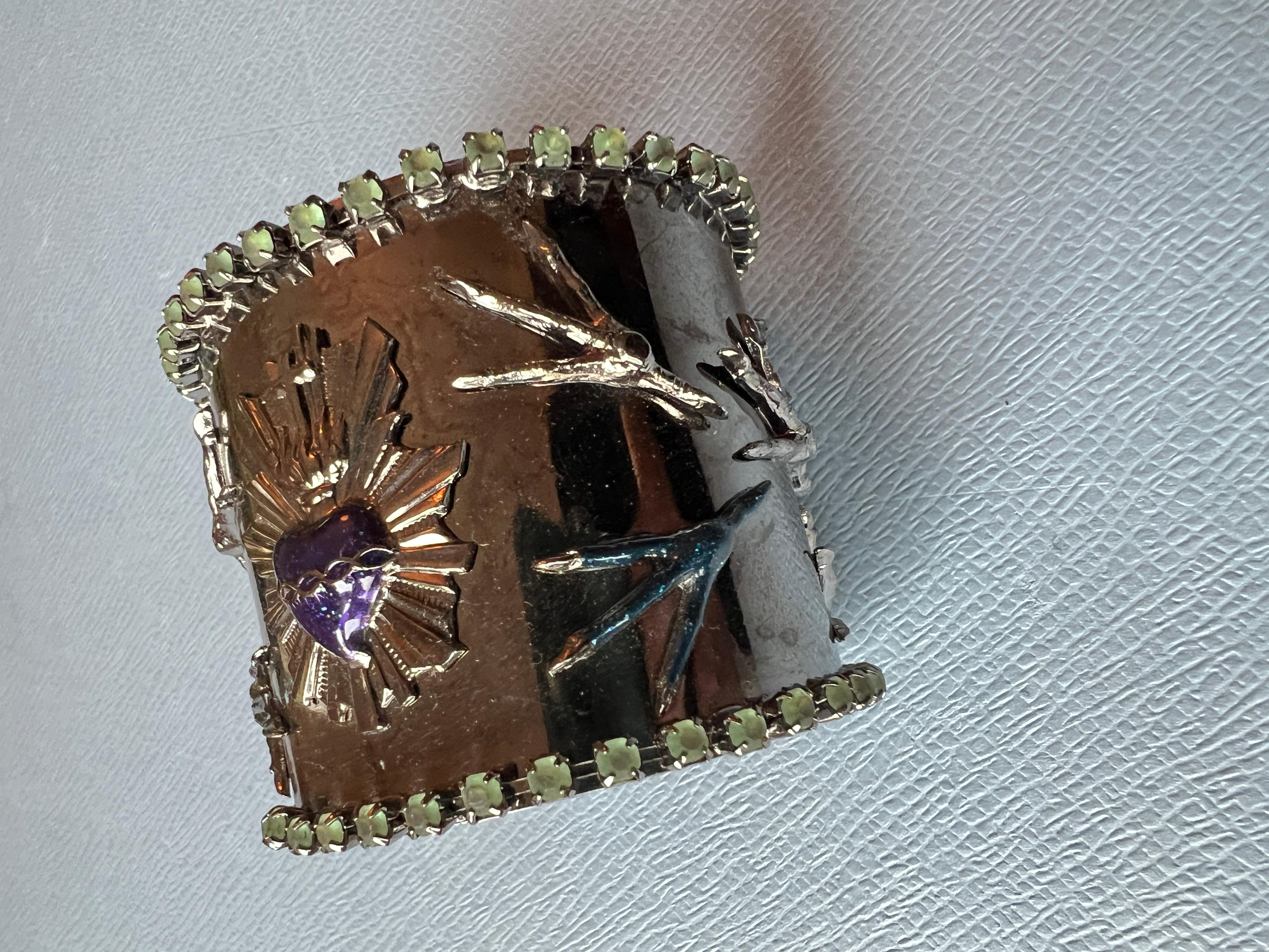 Cuff Bracelet Sacred Heart, Purple & Blue Enamel, Green Rhinestone For Sale 2
